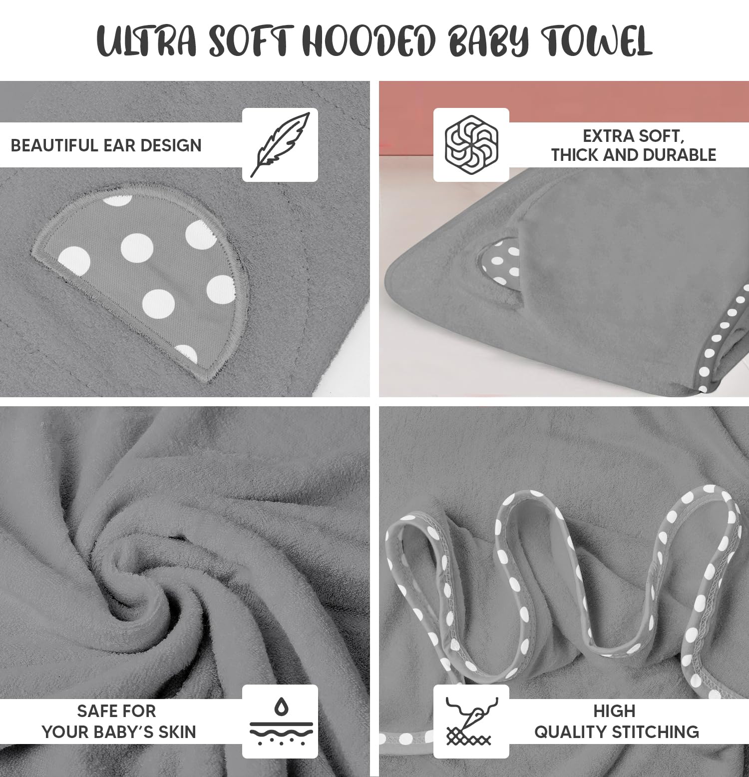 Juego de 2 toallas con capucha para bebé, color gris, lujosas, grandes y superabsorbentes, 76 x 76 cm, suaves y adecuadas para bebés, niños pequeños y niños, 400 g/m²