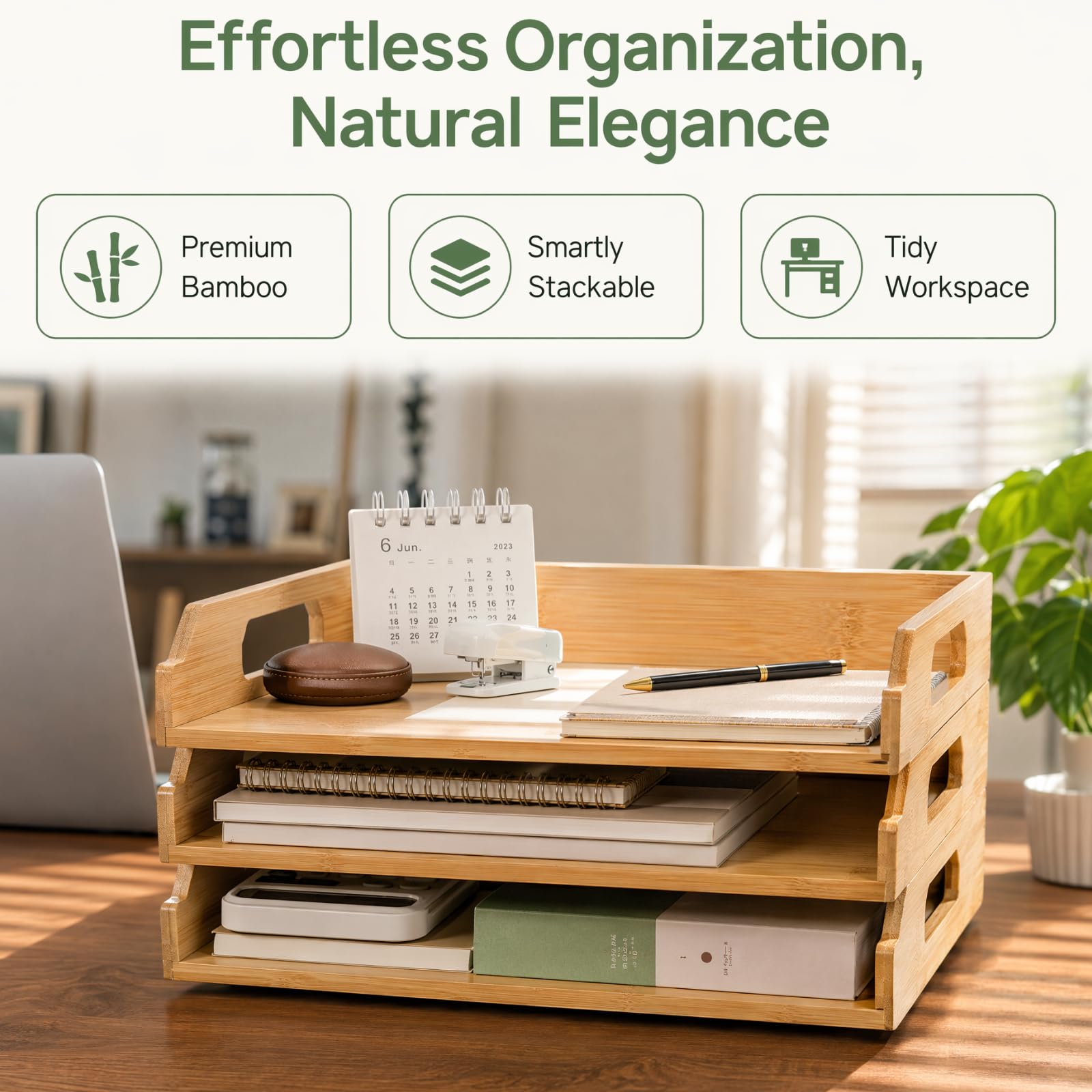 Okllen 3 Pack Stackable Paper Trays, Bamboo Desk Letter Tray Set, 3 Tier File Document Organizer Tray for A4 Paper, Magazine, Receipts, Office Supplies