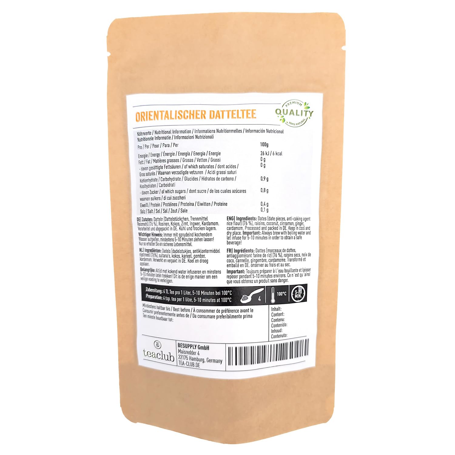 TeaClub Orientalischer Datteltee 500g – Chai Tee Lose mit echten Datteln | Fruchtig-würziger Chai, echte Datteln, Rosinen, Kokos, Zimt & Ingwer, koffeinfrei, glutenfrei, Dattel Tee orientalisch