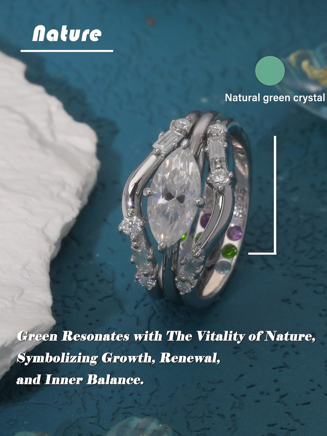 3-PC Marquise Cut Moissanite Ring Set | S925 Sterling Silver 1CT Bridal Jewelry, Contoured Bands with Fancy Side Stones, Non-Tarnish Stackable Rings for Women