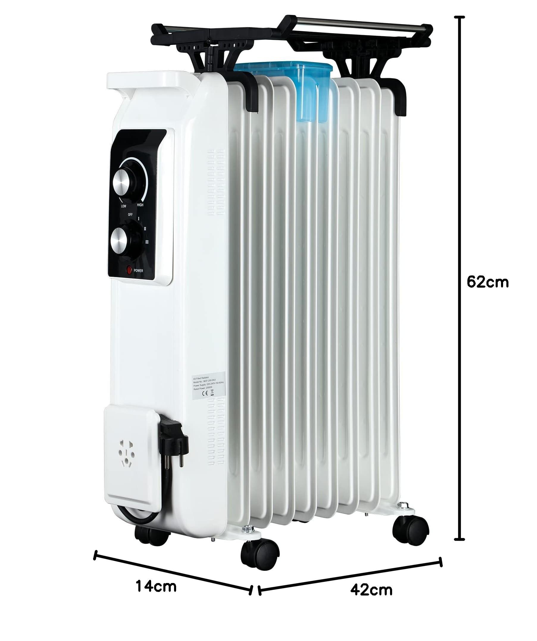 Elektrische Heizung 2000W | Elektrischer 3-Stufen Ölradiator - stromsparend und leise | Mobile Elektroheizung | Heizung elektrisch mit Thermostat