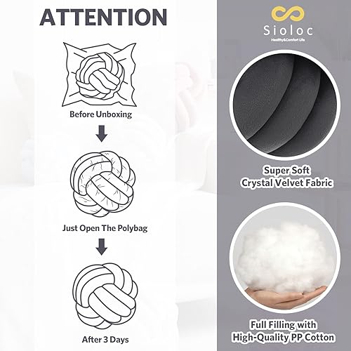 Miniatura 6 de Sioloc - Almohadas de nudo suave, cojín redondo para decoración del hogar, almohada de bola anudada hecha a mano (7.8 pulgadas, color gris oscuro)