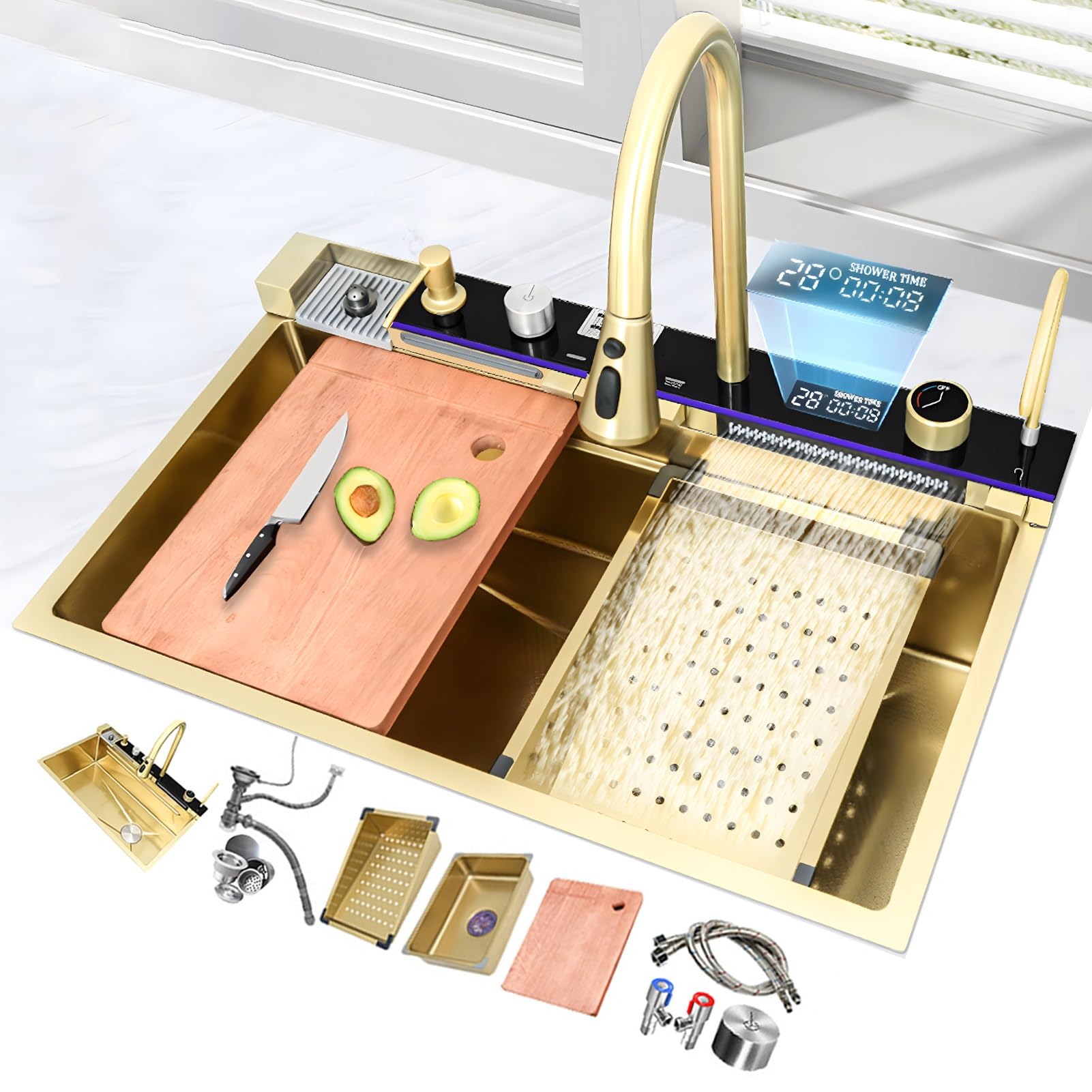 ZQFHSX Nano Workstation Sink, Smart Kitchen Sink with Temperature Display, Stainless Steel Single Waterfall Drop in Accessories, Pull-Out Faucet(Gold,75cm)
