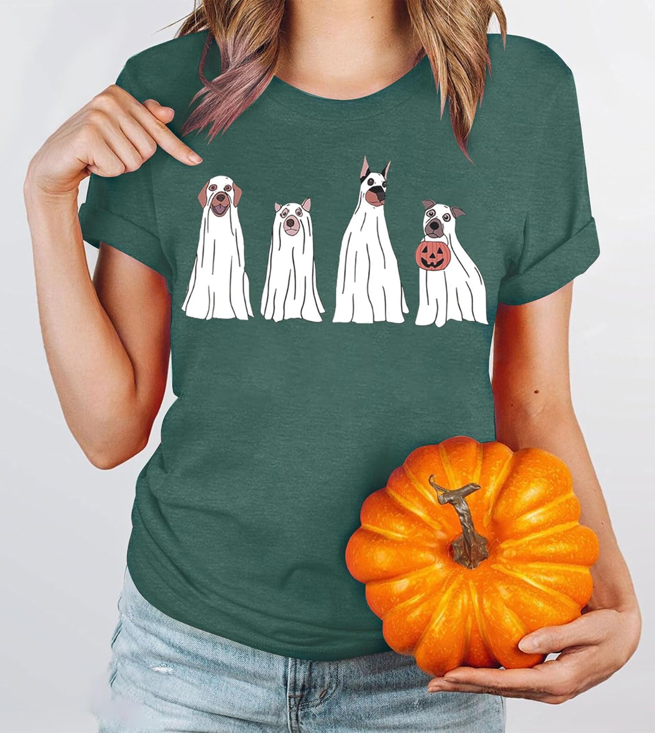 Halloween Ghost Dog T Shirt Women Halloween Thanksgiving Pumpkin Shirts Dog Lover Fall Tops