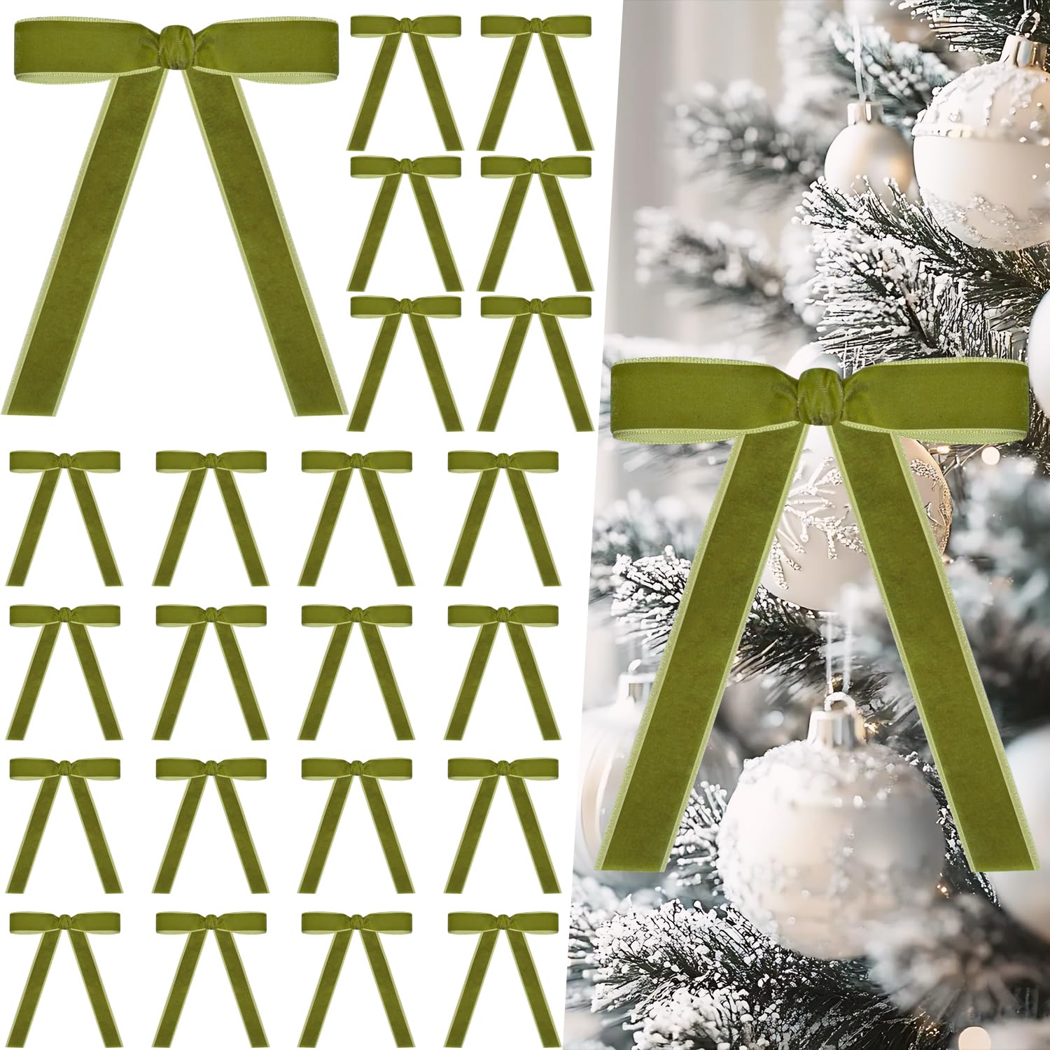 Miaikoe 24 Pcs Velvet Bows for Christmas Tree Rustic Velvet Christmas Ornaments Rustic Bows for Door Garland Wreath Gift Party Decoration (Width of 2.5cm,Olive Green)