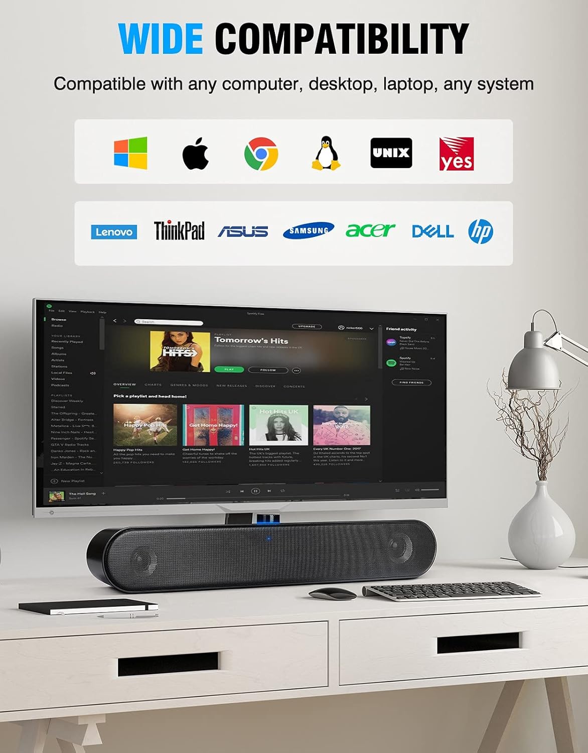 LENRUE A25 speaker showing compatibility with Windows, Apple, Chrome OS, Linux, Unix, and various computer brands like Lenovo, ThinkPad, ASUS, Samsung, Acer, Dell, HP.