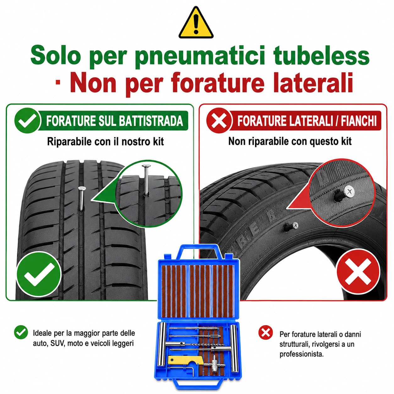 Kit Riparazione Pneumatici Tubeless 37 Pezzi Gomme Auto Moto Strisce Attrezzi Tappi Valvola