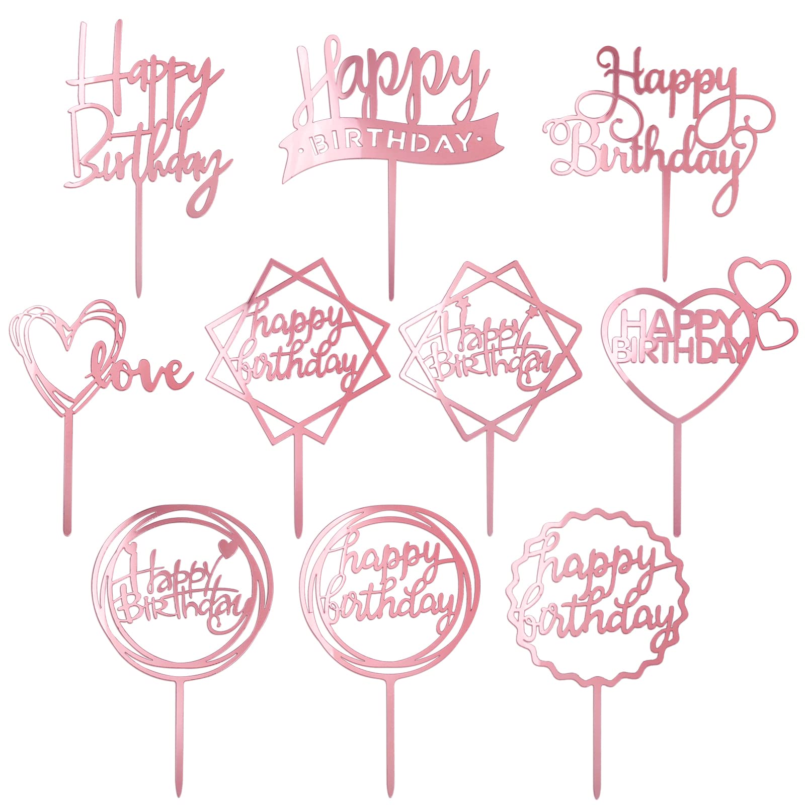 MOGADEE® 10 Stück Roségold Happy Birthday Tortendeko Set, Acryl Glitter Cupcake Topper, Girlande Herze Sternen Cake Topper, Happy Birthday Kuchen Deko für Mädchen, Kinder, Hochzeit, Mutter(Roségold)