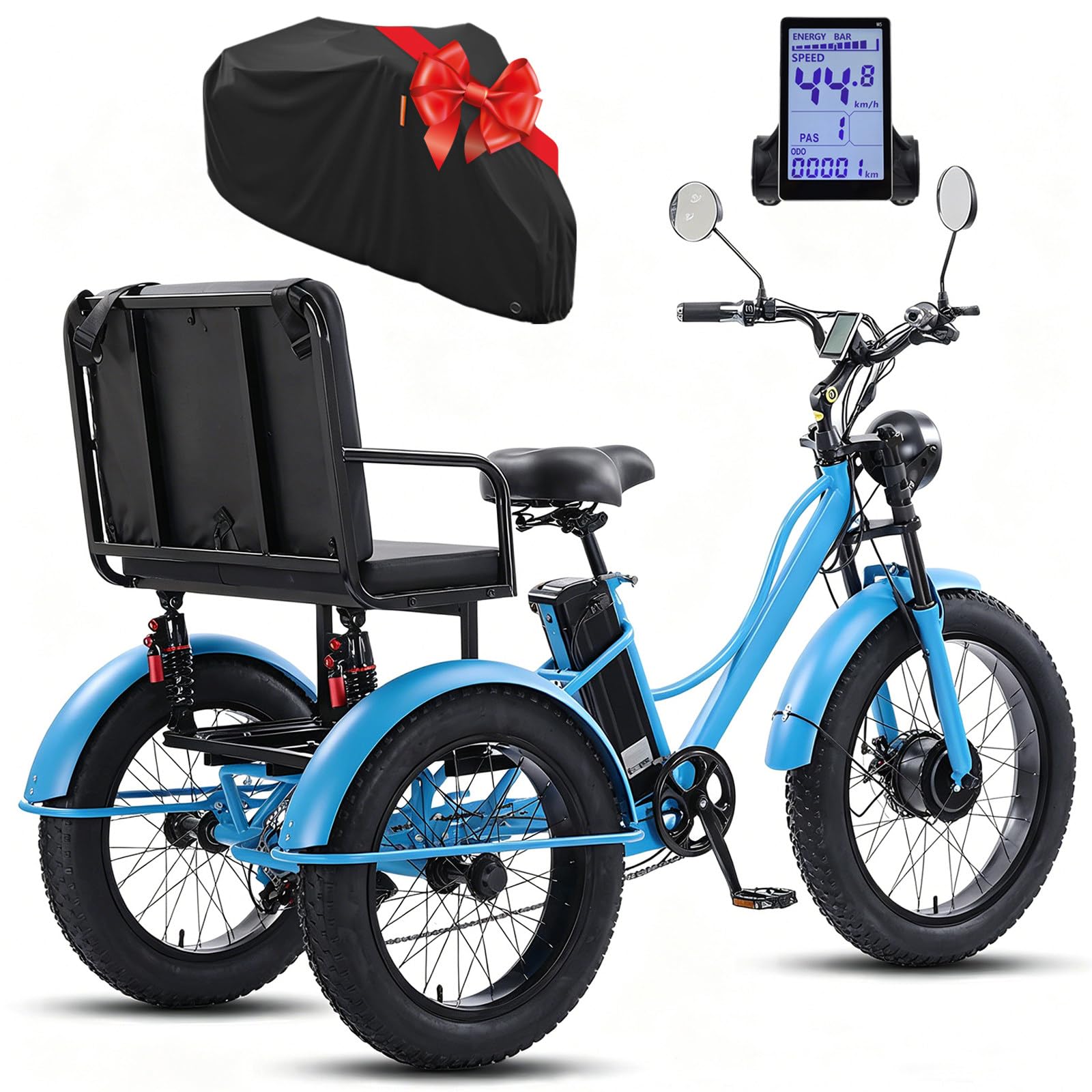 24 Pollici Triciclo Elettrico per Adulti, Dotata di fari a LED, Batteria Rimovibile, Freni a Disco Doppi, capacità di Carico 150kg per Uso Familiare B