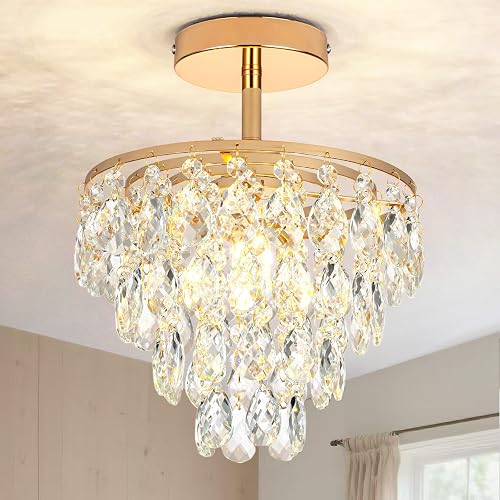 YONGYIPE Mini Crystal Chandelier Modern Crysal Flush Mount Ceiling Light for Bedroom Closet Hallway with E26 Base Small Pendant Light (Gold-Ceiling)