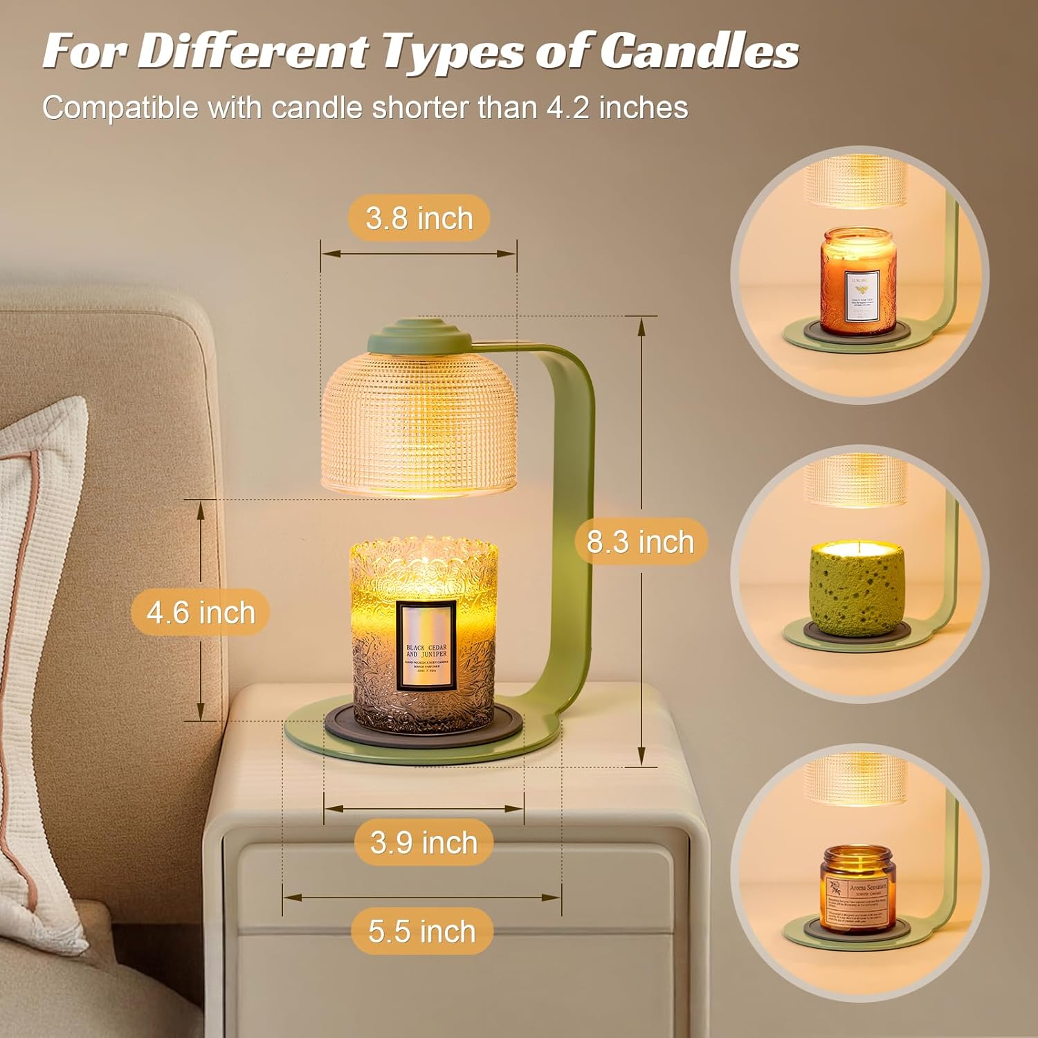 Candle Warmer Lamp with Clear Glass Globe and Timer & Dimmable Light - Jar Candle Melter Green Minimalist Metal Frame, Home Decor Gift Set (Includes 2 Bulbs)