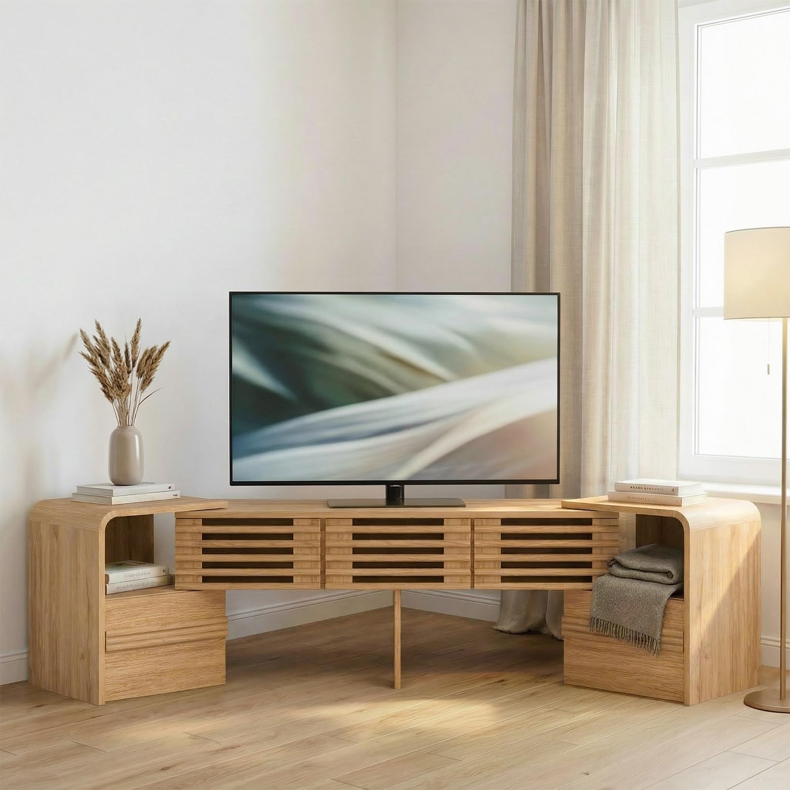 VITA VERO Extendable TV Stand Cabinet, Wooden Media Console with Mesh Door & Open Shelves, Fits 42 to 60 Inch TVs, Corner Cabinets TV Unit for Living Room