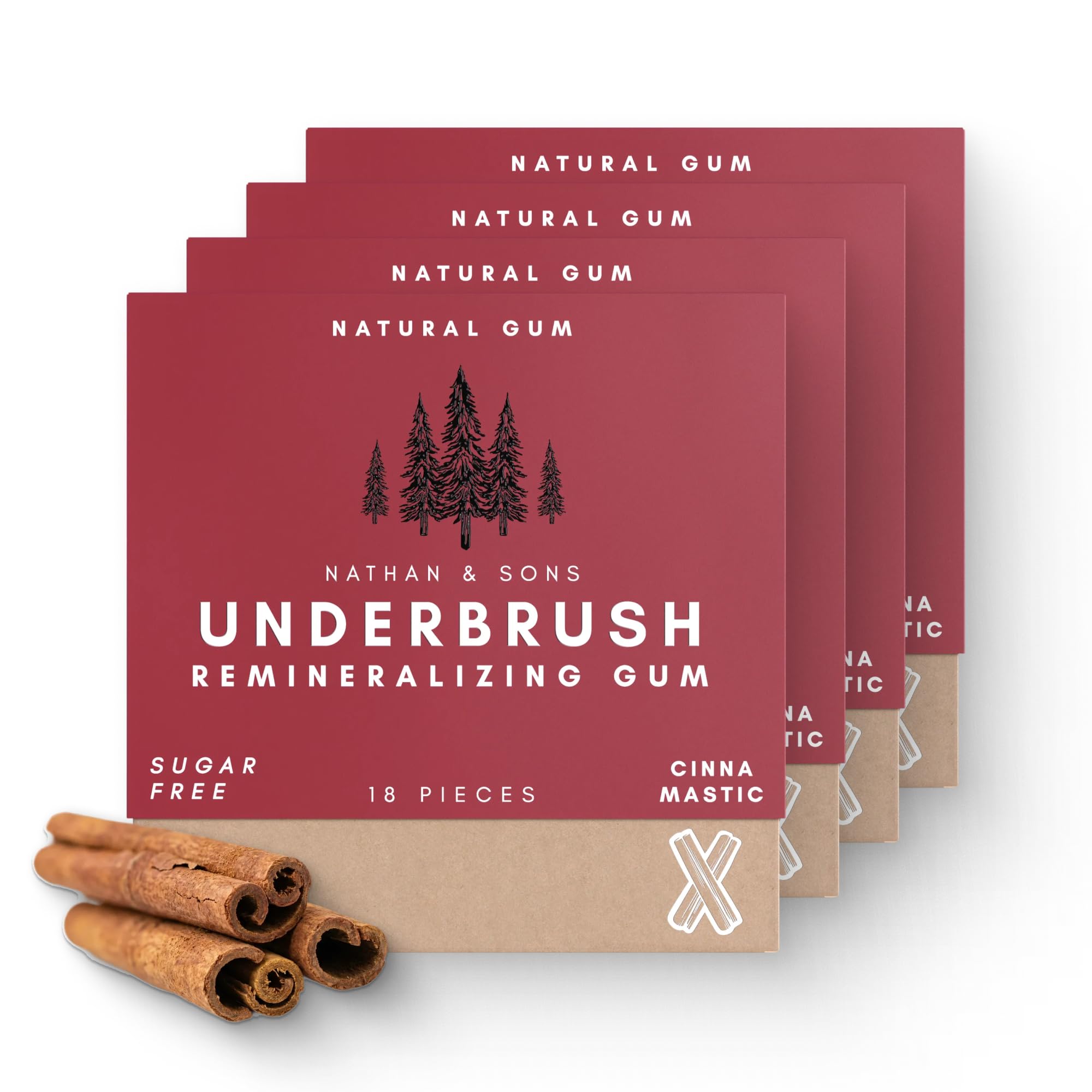 Underbrush Cinna-Mastic Remineralizing Gum, Sugar Free Xylitol Gum with Hydroxyapatite, Supports Fresh Breath and Oral Health, Tree Sap Base, Gluten Free, No Sucralose or Aspartame, 4 Pack