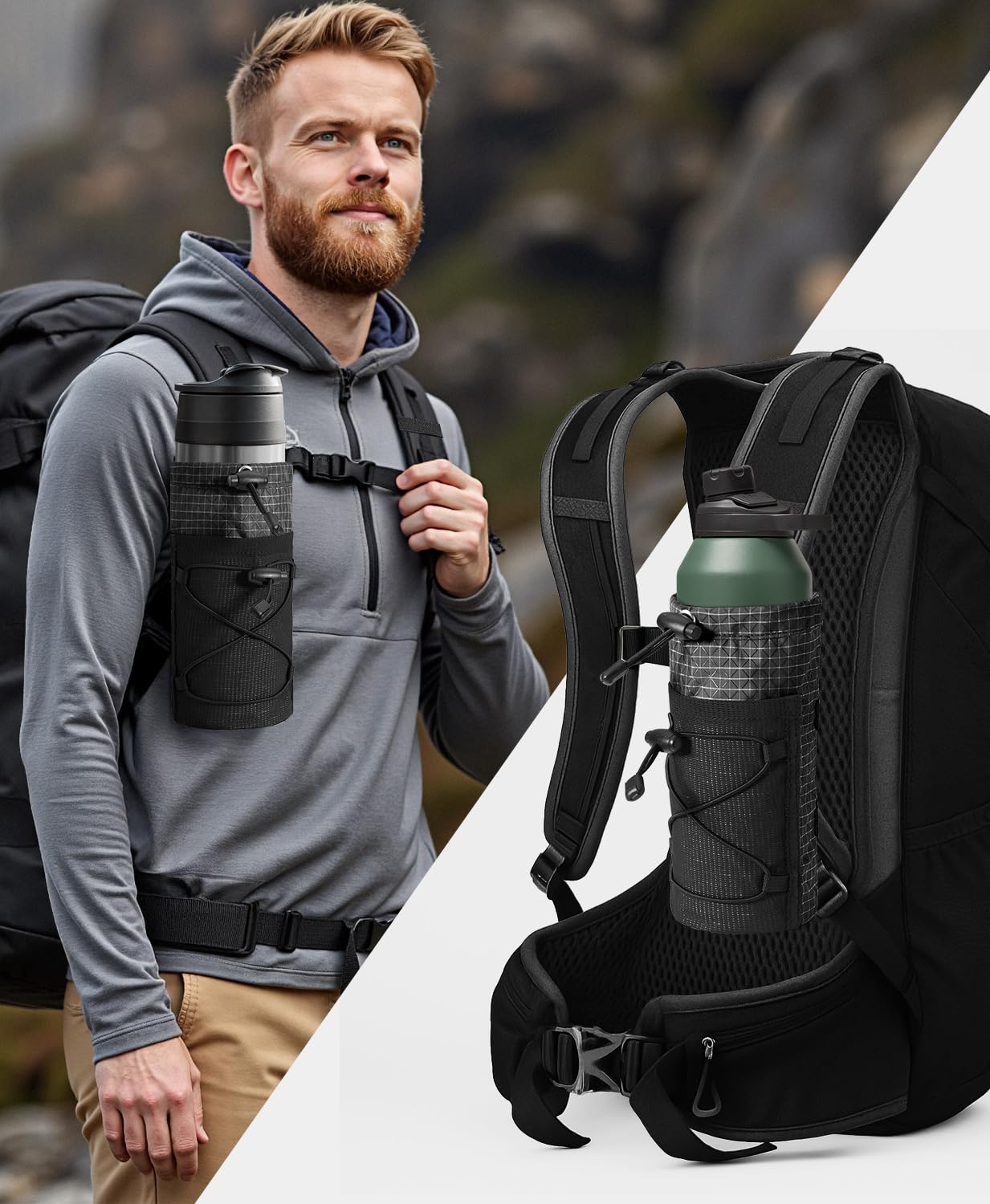 Neverwhy Large Water Bottle Holder Pouch Bag, Backpack Water Bottle Holder Mesh Bag Carrier Fits for 10-32oz Bottles, Heavy-Duty Water Bottles Holder Accessories for Hiking, Sports, Travel, Outdoor : Sports