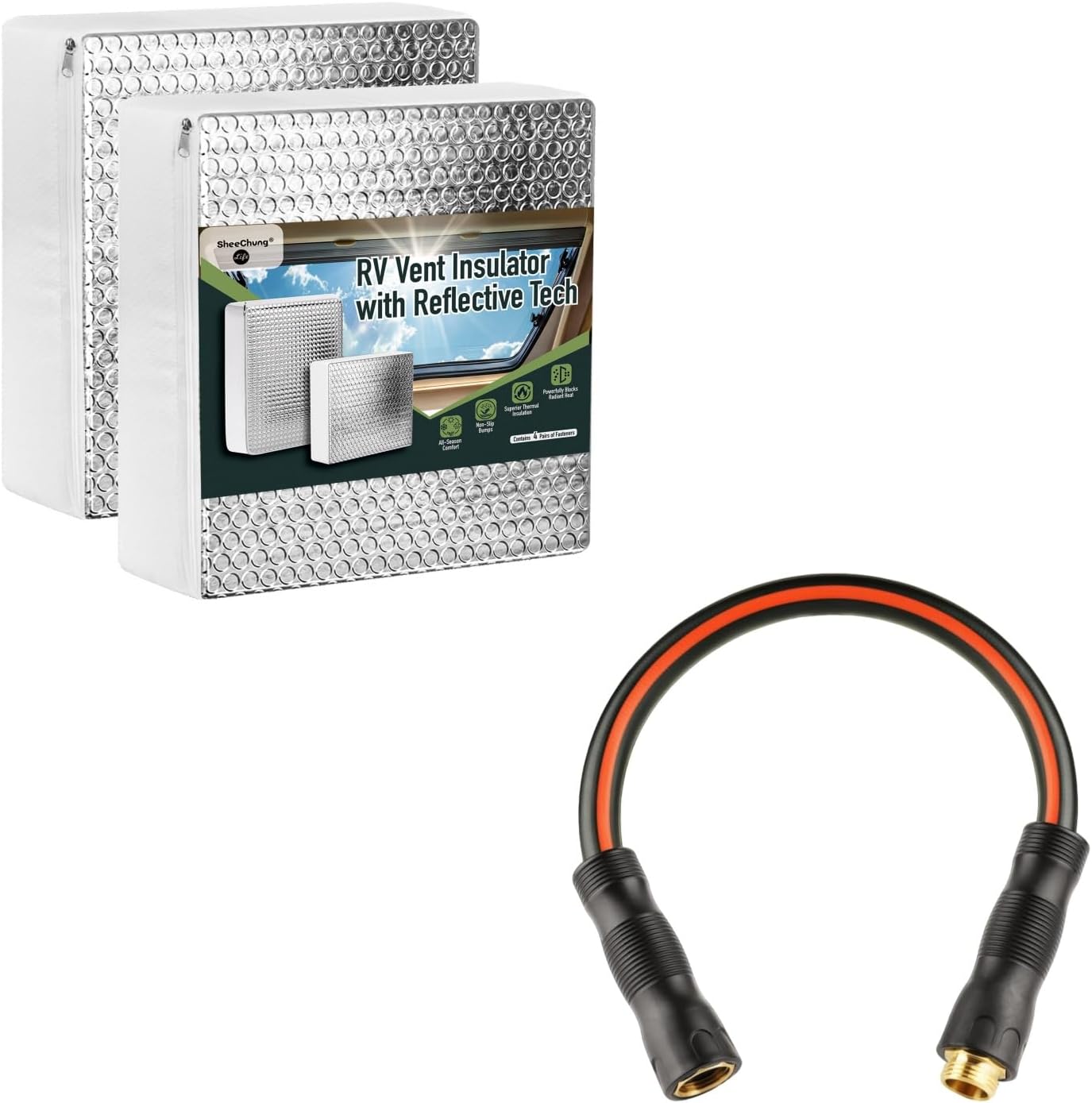 SheeChung RV Vent Insulator, 14″x14″x3″ RV Skylight Cover with Reflective Surface - 2 Pack & Short Garden Hose 2ft x 5/8",Water Hose for Hose Reel Faucet,Lightweight Outdoor Hose with Swivel Handle