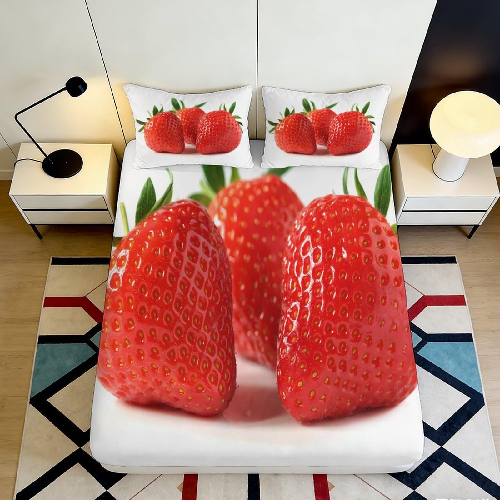 3D Printed Strawberry Fruit Fitted Sheet Microfiber Anti-Slip Easy Care Red Mattress Cover Bedroom Decor 120x200x25cm