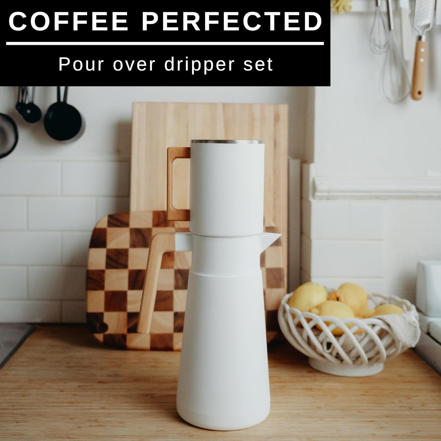 HASTINGS 68 Oz Pour Over Coffee Maker Set with Double Layer Reusable Stainless Steel Filter 8-Cup and Wood Handle - Dual Wall Heat Resistant Drip Coffee Brewer, Pour Over Coffee Dripper Carafe, White