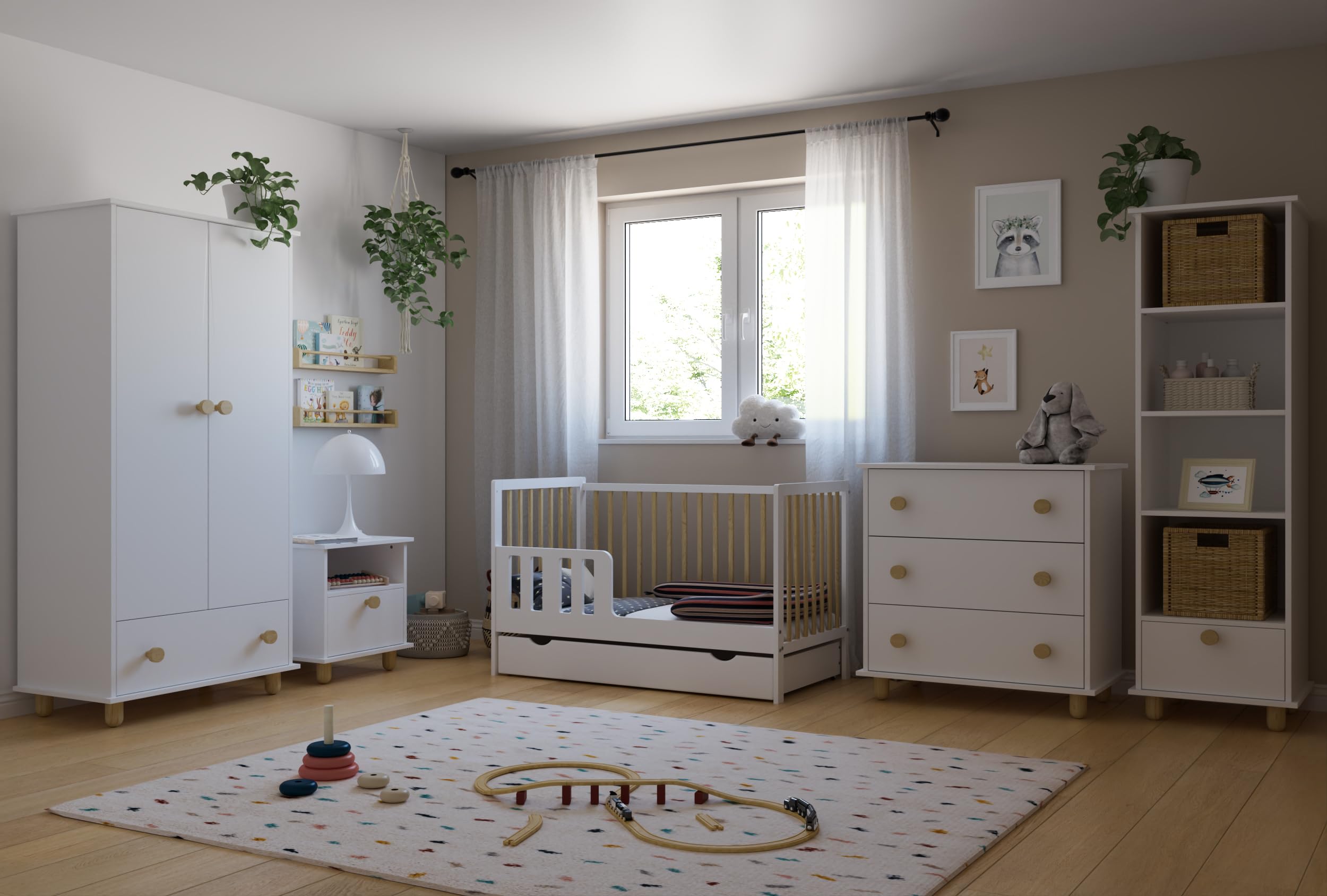 zee Cuna Bebé LUMI 120x60 cm 2 en 1 con Colchón Convertible en Cama Infantil Blanco Natural con Cajón y Barandilla Seguridad Madera de Pino Altura Regulable