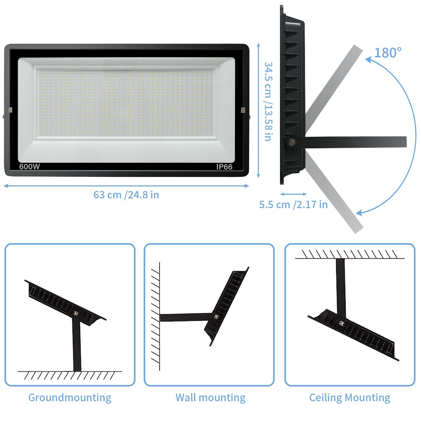 600W LED Außenstrahler, 60000LM 6500K IP66, 1 Stück | 60000LM superhell, 6500K Kaltweiß, IP66 wasserdicht, Alu-Gehäuse, 50000h, 80% sparend, für Garten/Garage/Hotel/Sportplatz
