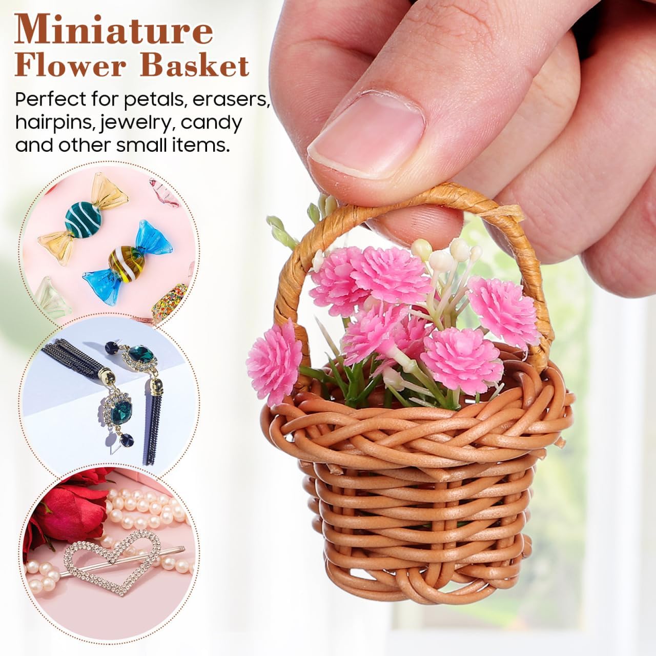 DOITOOL 10 Pack Mini Woven Baskets with Handles, Miniature Rattan Flower Basket for Dollhouse, Wedding Party Favors, Arts and Crafts, School Projects, 1.18 x 1.77 x 2.55 inch