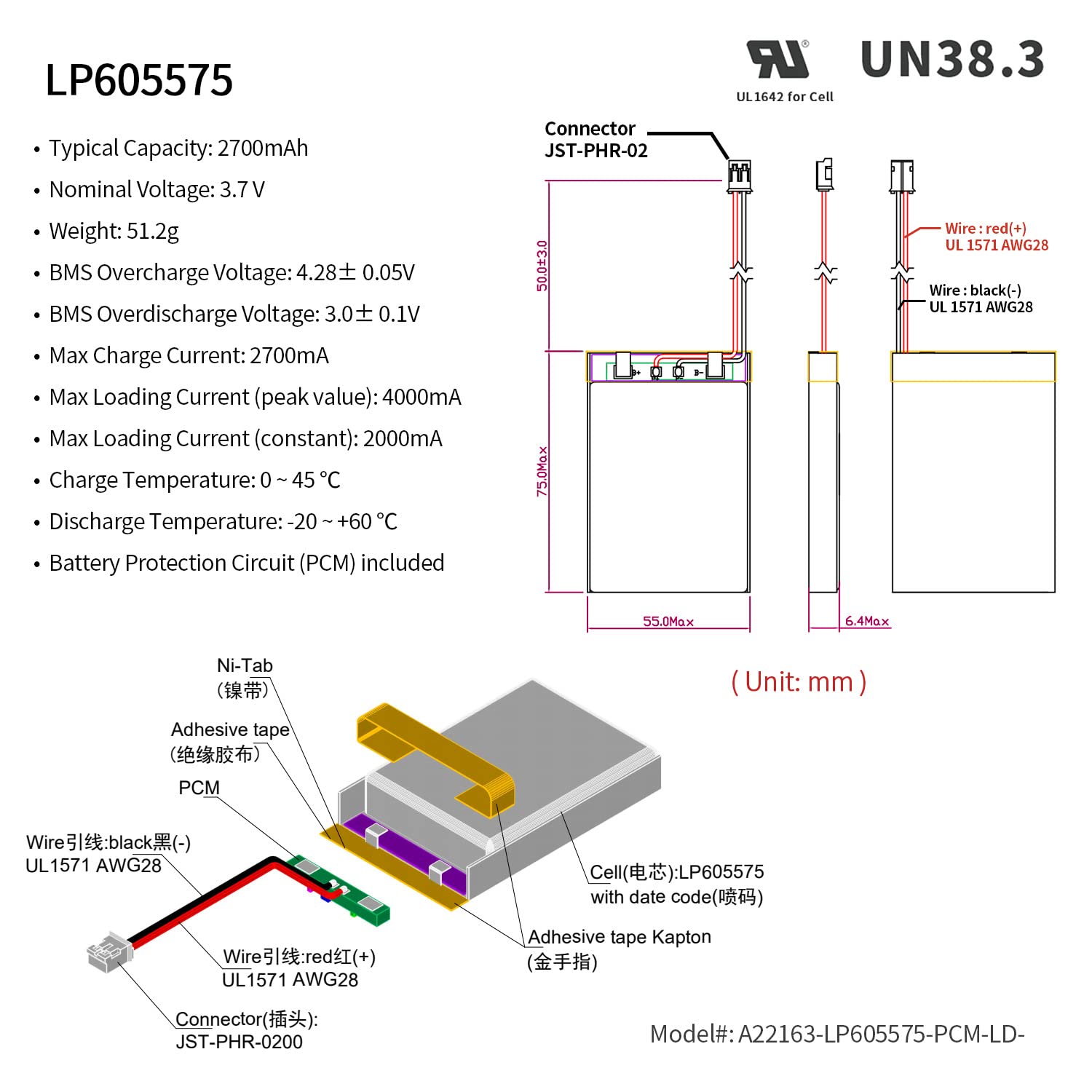 EEMB lithium-polymeerbatterij 3,7 V 1100mAh 603449 Lipo oplaadbare batterij met draad JST-connector - bevestig de polariteit van het apparaat en de connector voor aankoop(4