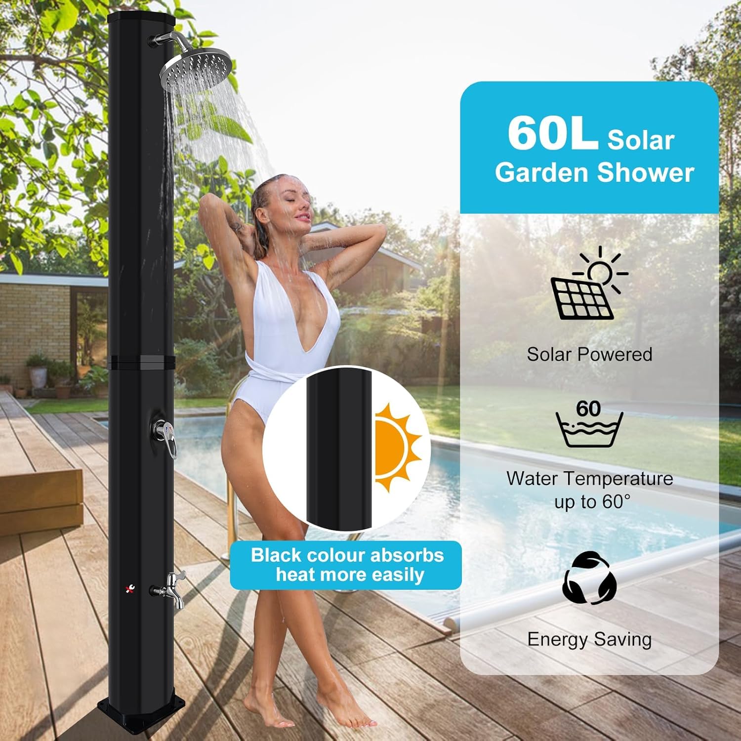 Solar Gartendusche 60 Liter Solardusche mit Drehbarem Duschkopf, Fußarmatur und Abdeckhaube, Einstellbares Warm und Kaltwasser, Maximal 60°C, Aussendusche Solar Dusche für Garten Pool Camping