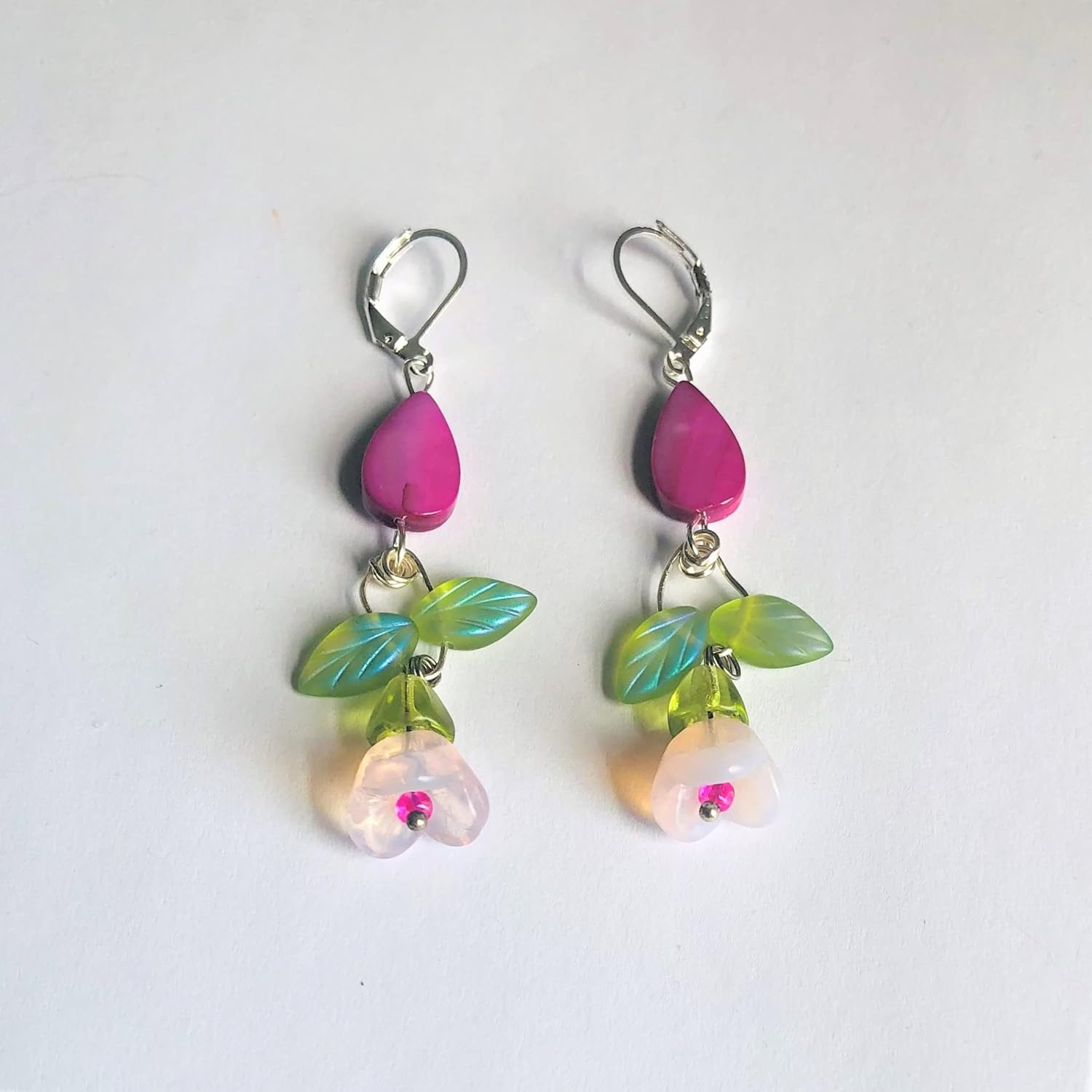 Sterling Silver Leverback Floral Earrings Cherry Blossom Flower Green Leaves Mother of Pearl Beads Spring Gift for Women - Image 5