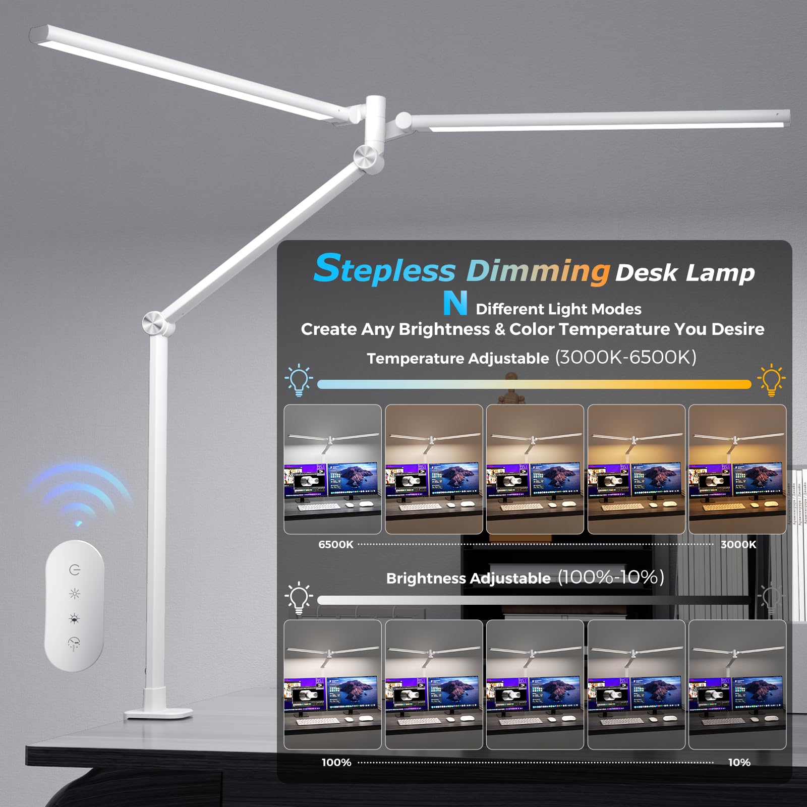 Airlonv LED Desk Lamp, Double Swing Arm Wide Lighting Area Desk Lamps for Home Office with Stepless Dimming, Eye-Caring Architect Desk Light with Clamp for Reading, Study, Workbench, Drafting(White) view 2