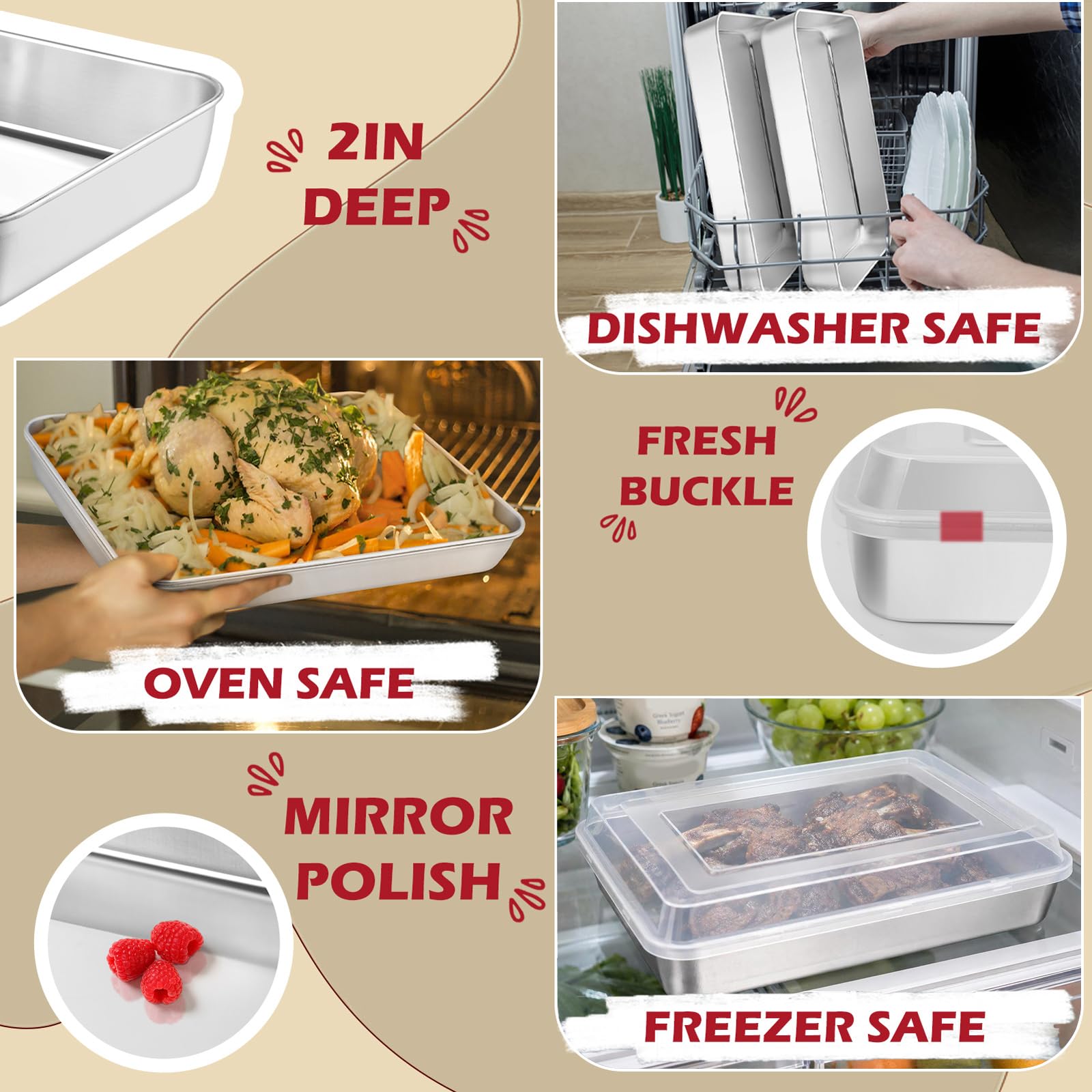 Leonyo Backform mit Deckel, 4er-Set, 30,5 x 24,9 x 5,1 cm, tiefe Edelstahl-Kuchenform zum Backen, rechteckiges Lasagneblech für Focaccia, Brot, Brownies, Aufläufe, Refrige & ofenfest