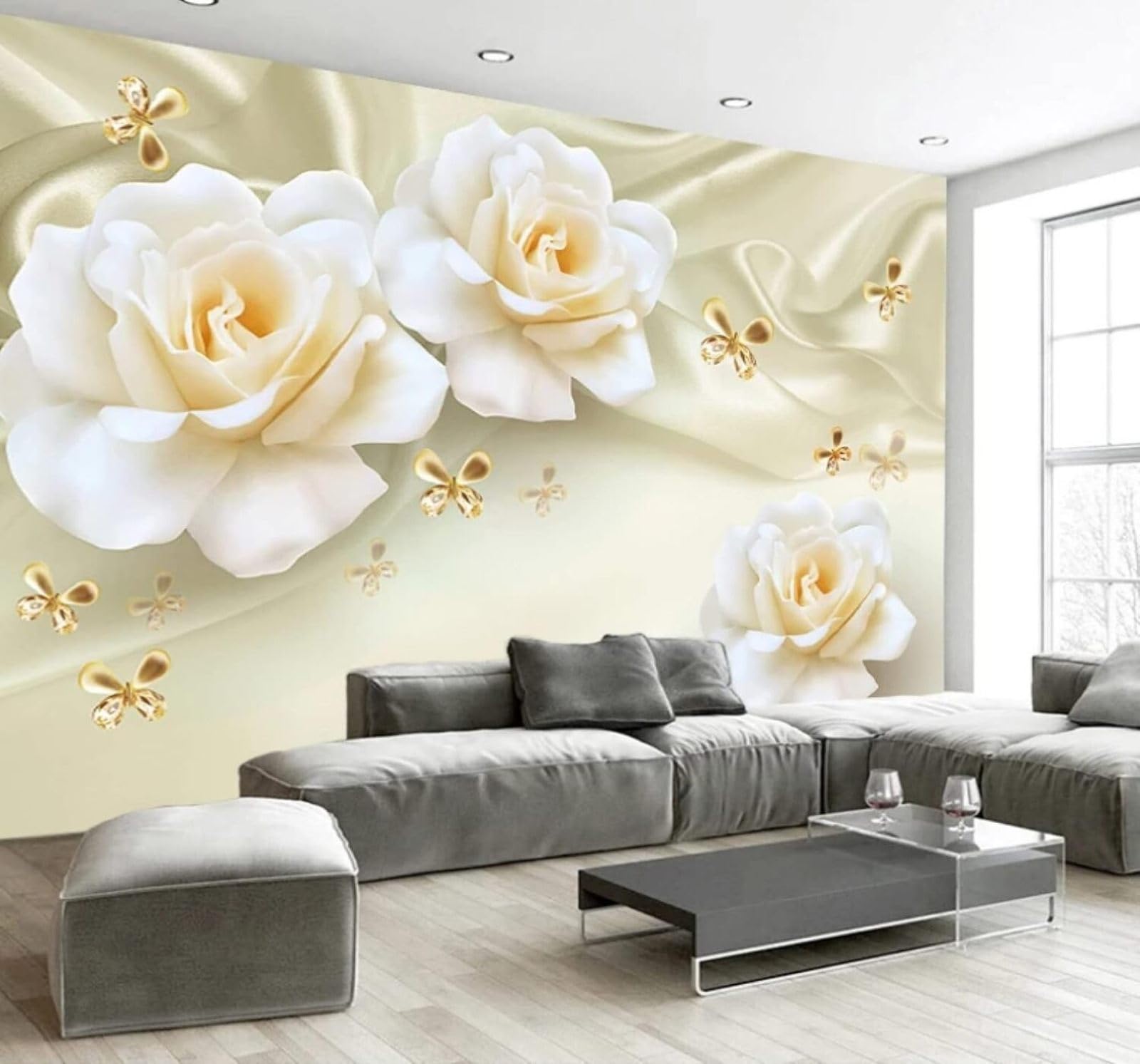 Simple Exquisite Roses Butterflies Silk 3D Wallpaper Easy Install Feature Office Living Room Sofa Bedroom TV Background Wall Decoration-250cm×170cm