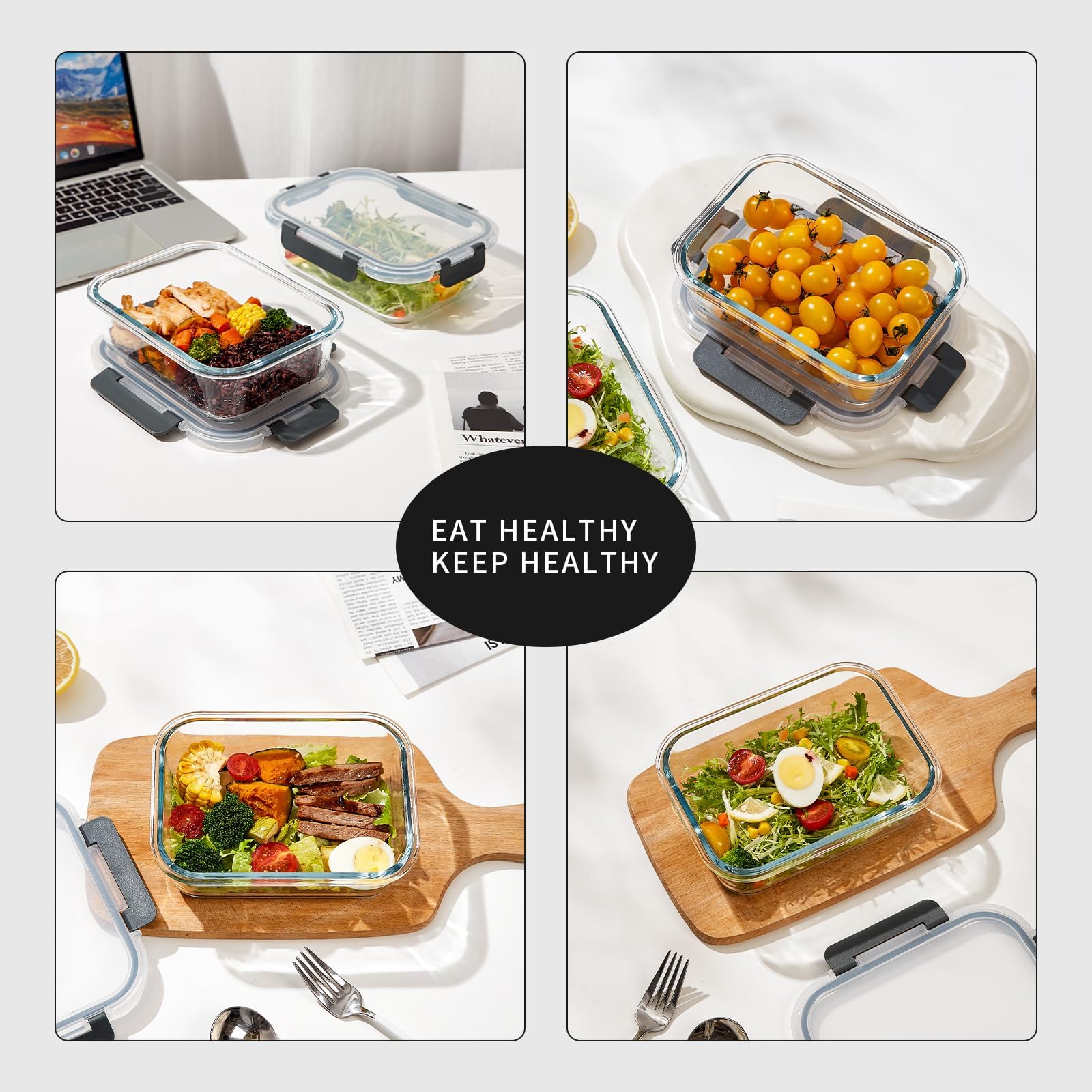 Paquete de 10 recipientes de vidrio para preparación de comidas, recipientes de vidrio para almacenamiento de alimentos con tapas, reutilizables, herméticos, a prueba de fugas, cajas Bento