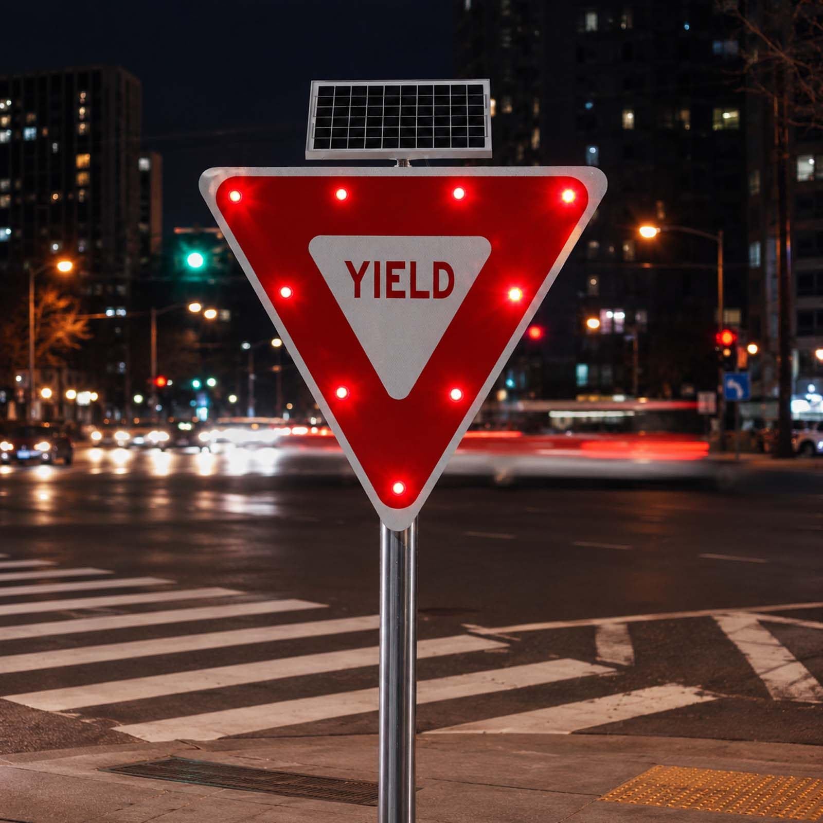 QFGain Heavy Duty Solar YIELD Sign, LED Flashing Aluminum Pedestrian Crossing Warning Sign, 10-Day Battery Life 0.5 Mile Visibility for School Zone Sidewalk