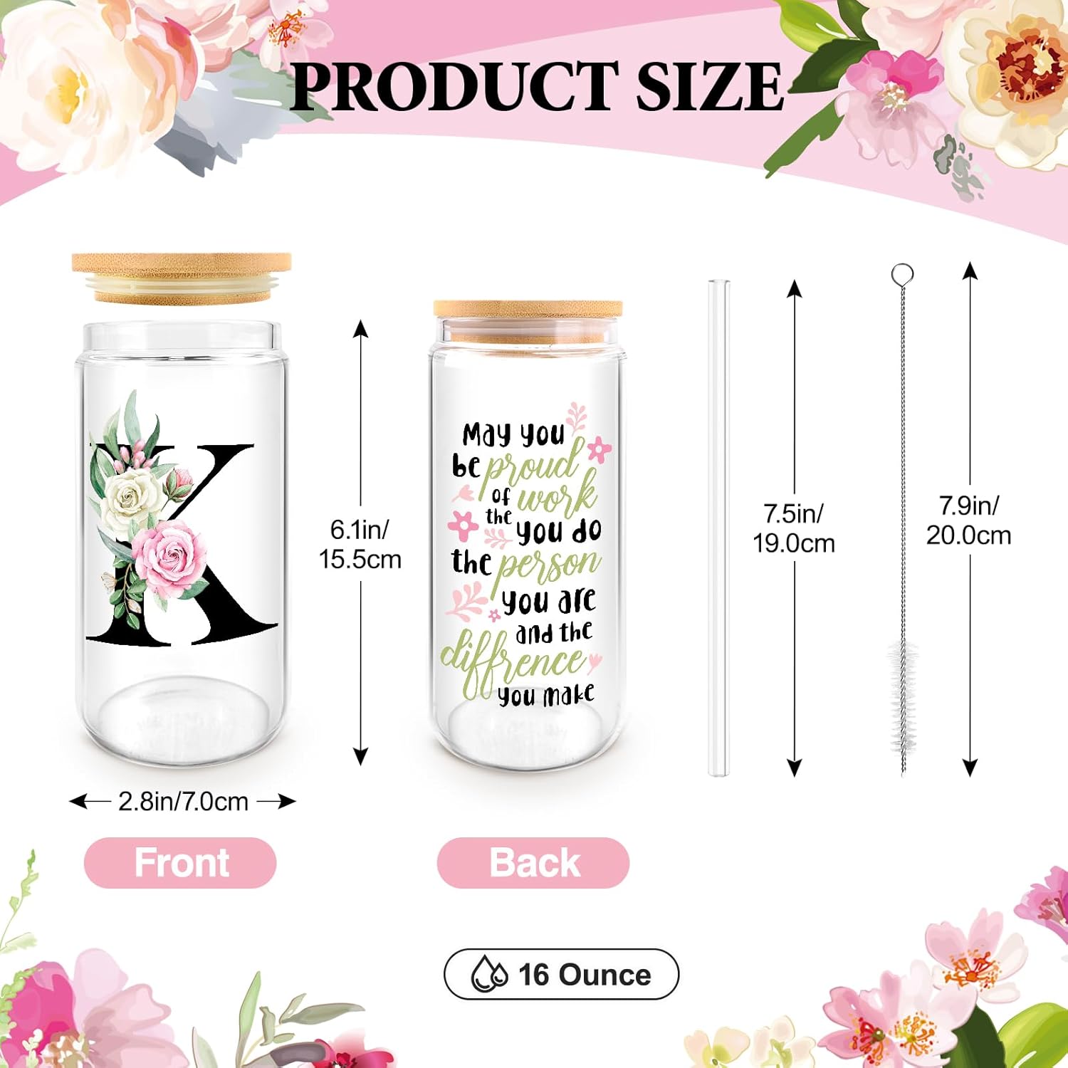 Initial Glass Cups with Lids and Straws, Personalized Gifts for Women, Iced Coffee Cup Glass Tumbler, Birthday Bridesmaid Proposal Inspirational Customized Gifts for Her Girls (K) - Image 3