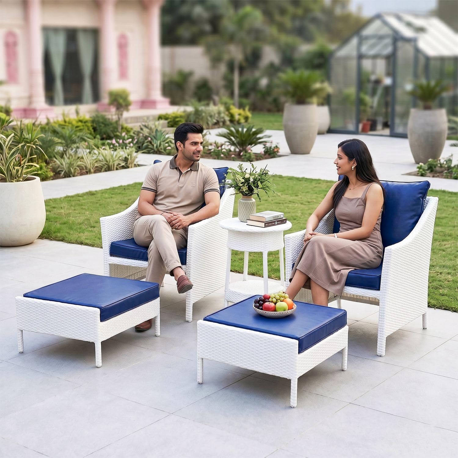 DEVOKO 5 Piece White Wicker Patio Balcony Space Saving Furniture Set with Ottomans & Water Resistant Royal Blue Cushions for Garden, Pool, Porch, Deck