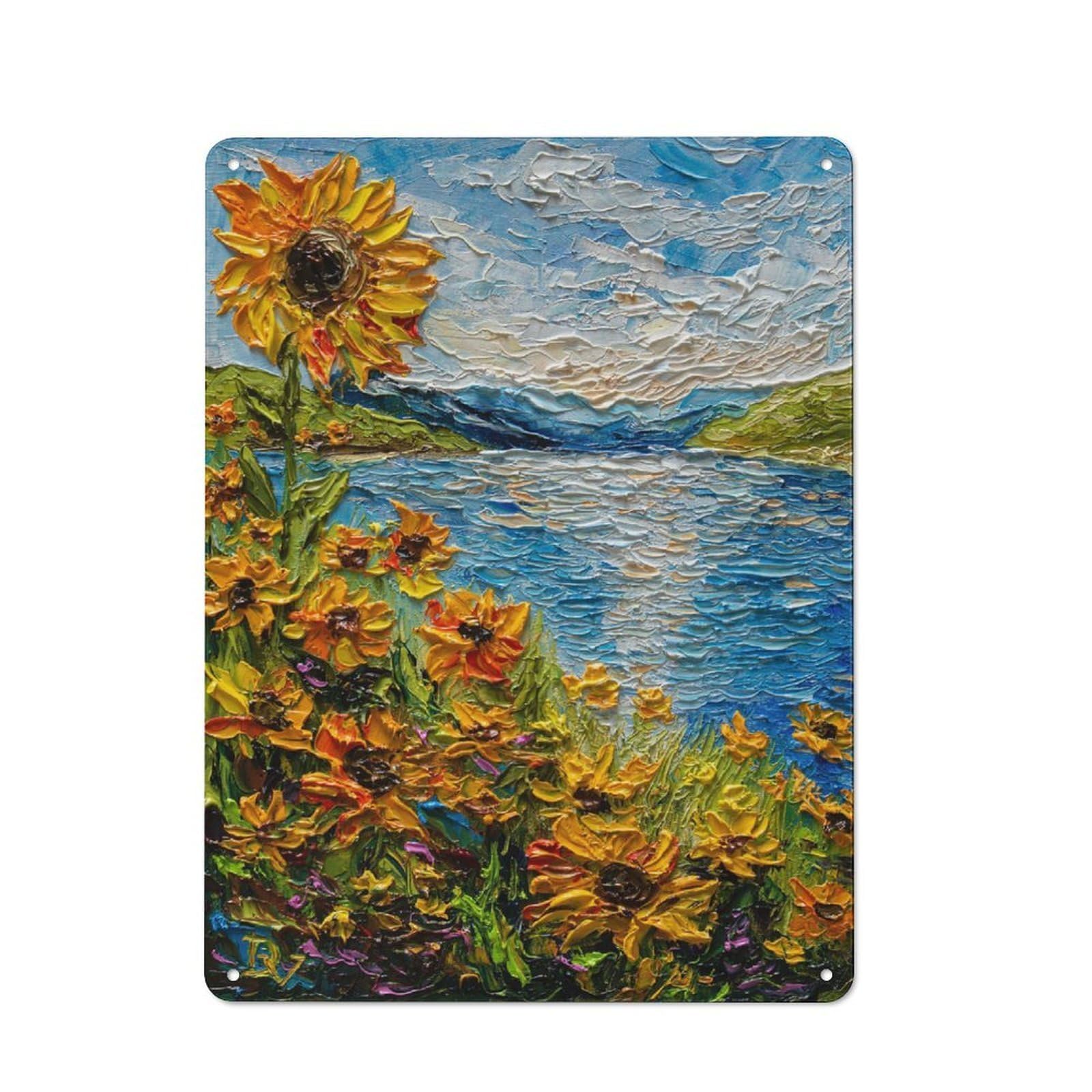 Junmoney Style-19 Metal Plaque With Sunflower Field By The Lake Painting Design 40X30cm, Country Style Cafe Wall Decor For Bakery, Diner, Cafe Or Family Room