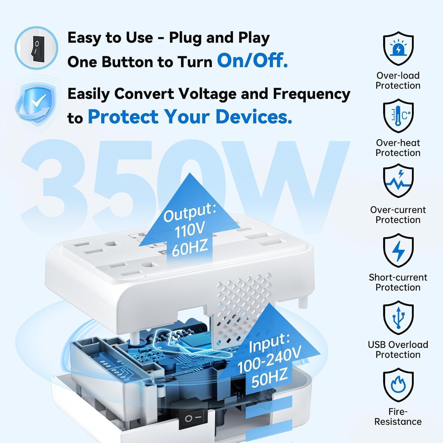 DOACE Voltage Converter US to Europe 350W Convert 220V to 110V for Curling Iron Straightener Shaver, Cordless Converter for European Travel with 2 USB A & 2 USB C Ports Charging
