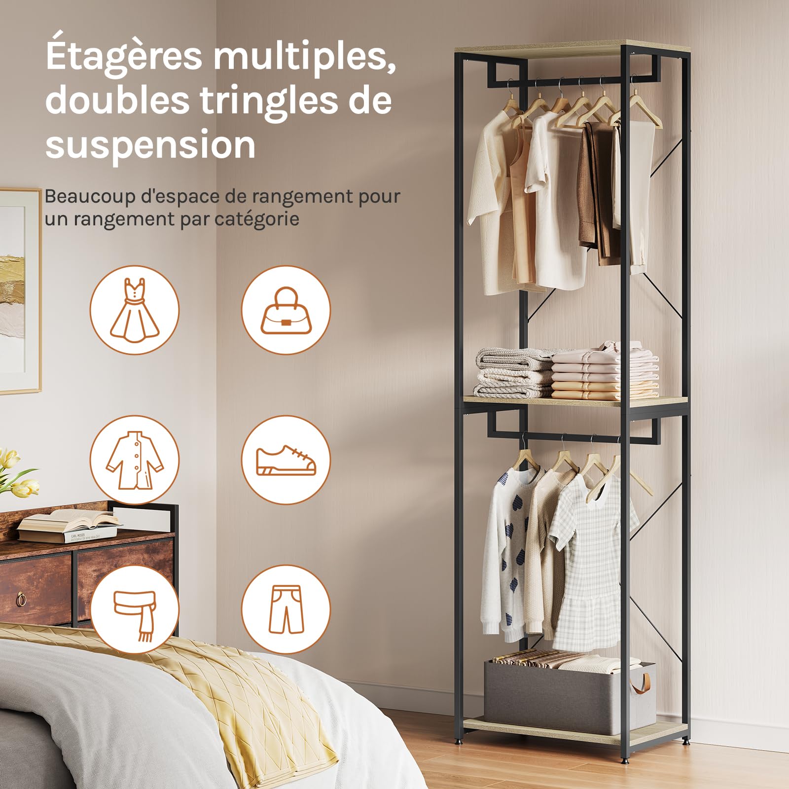 WOLTU Porte-Manteau pour Chambre Portant en Bois et Acier avec 2X Tringles pour Suspension Range-vêtements très Rubuste Noir + Chêne Clair