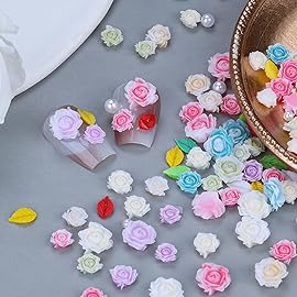 Sinyanail 3D Flower Nail Charms Set,150pcs Mixed Size Camellia Rose Resin Charms,150pcs Mixed Size and Color Leaves,100pcs Round White Pearl Beads for Nail Accessories Nail Art (15-Rose-6color Blue)