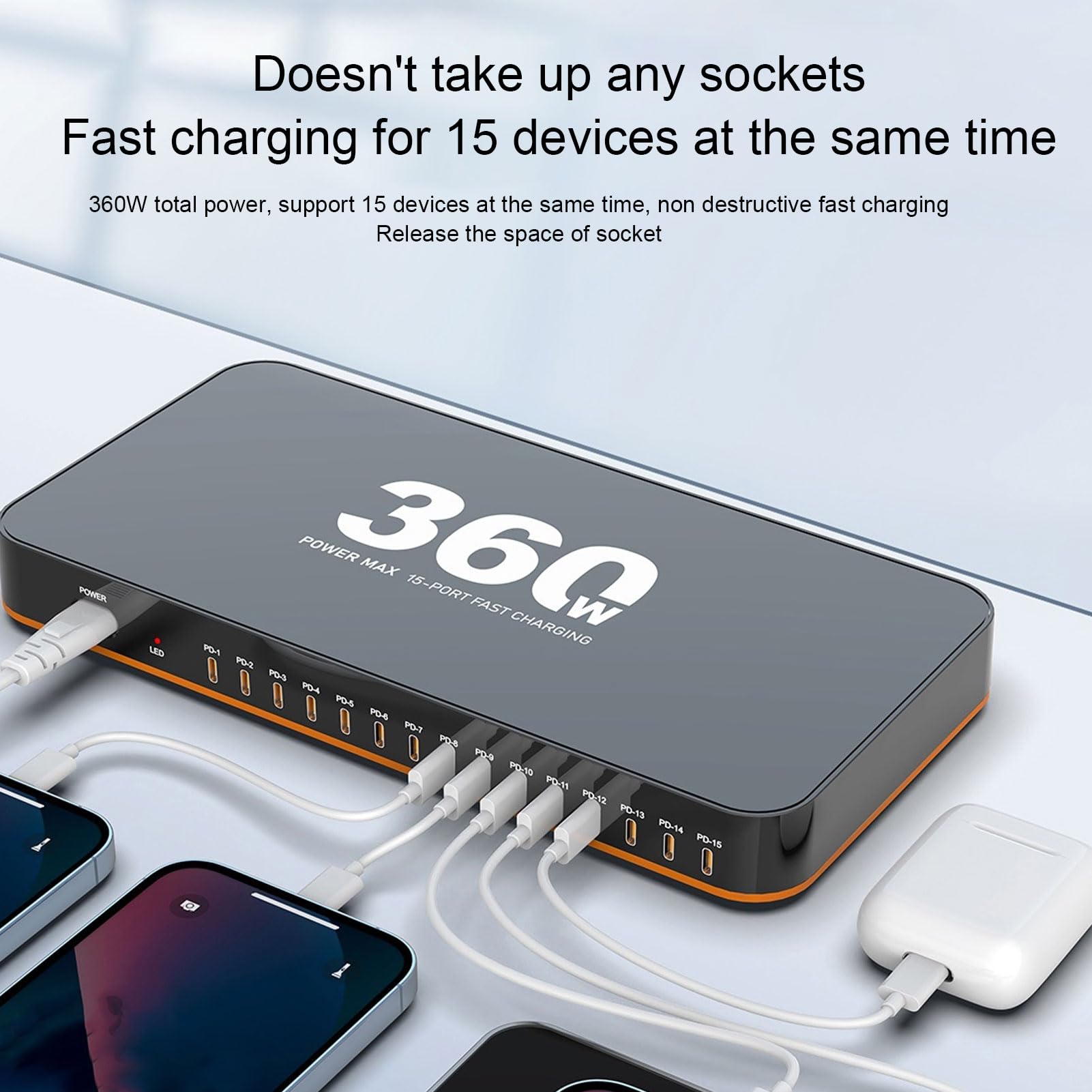Tosuny Caricatore Veloce Desktop 15 Porte, Caricabatterie Desktop 360W, Stazione di Ricarica Rapida USB C con PD3.0 2.0 Controllo della Temperatura AI e 8 (Spina europea)
