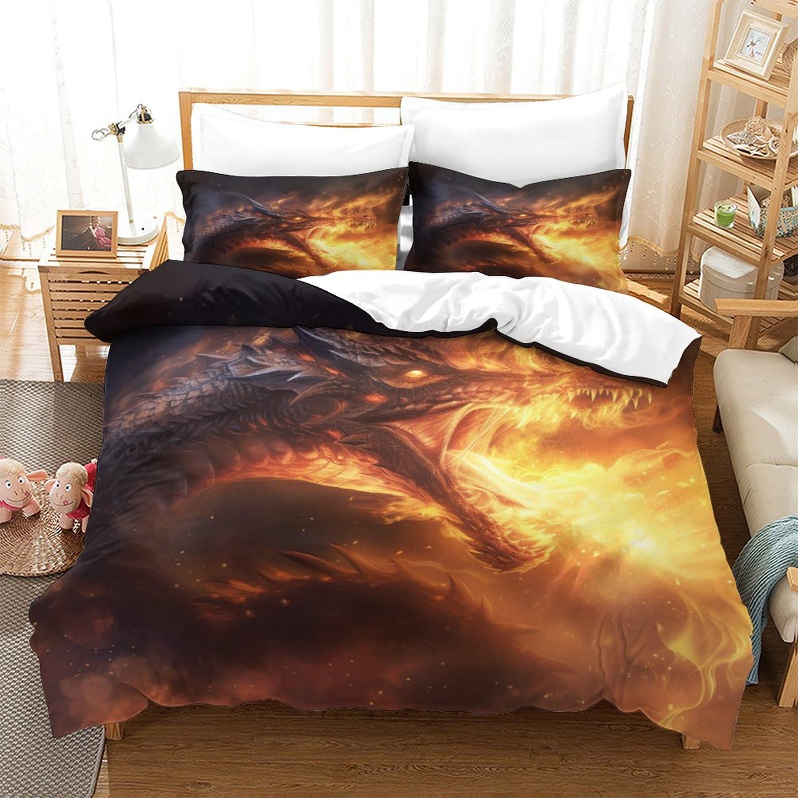 Housse de couette dragon 3D parure de lit 260 x 220 cm pour chambre d'ado