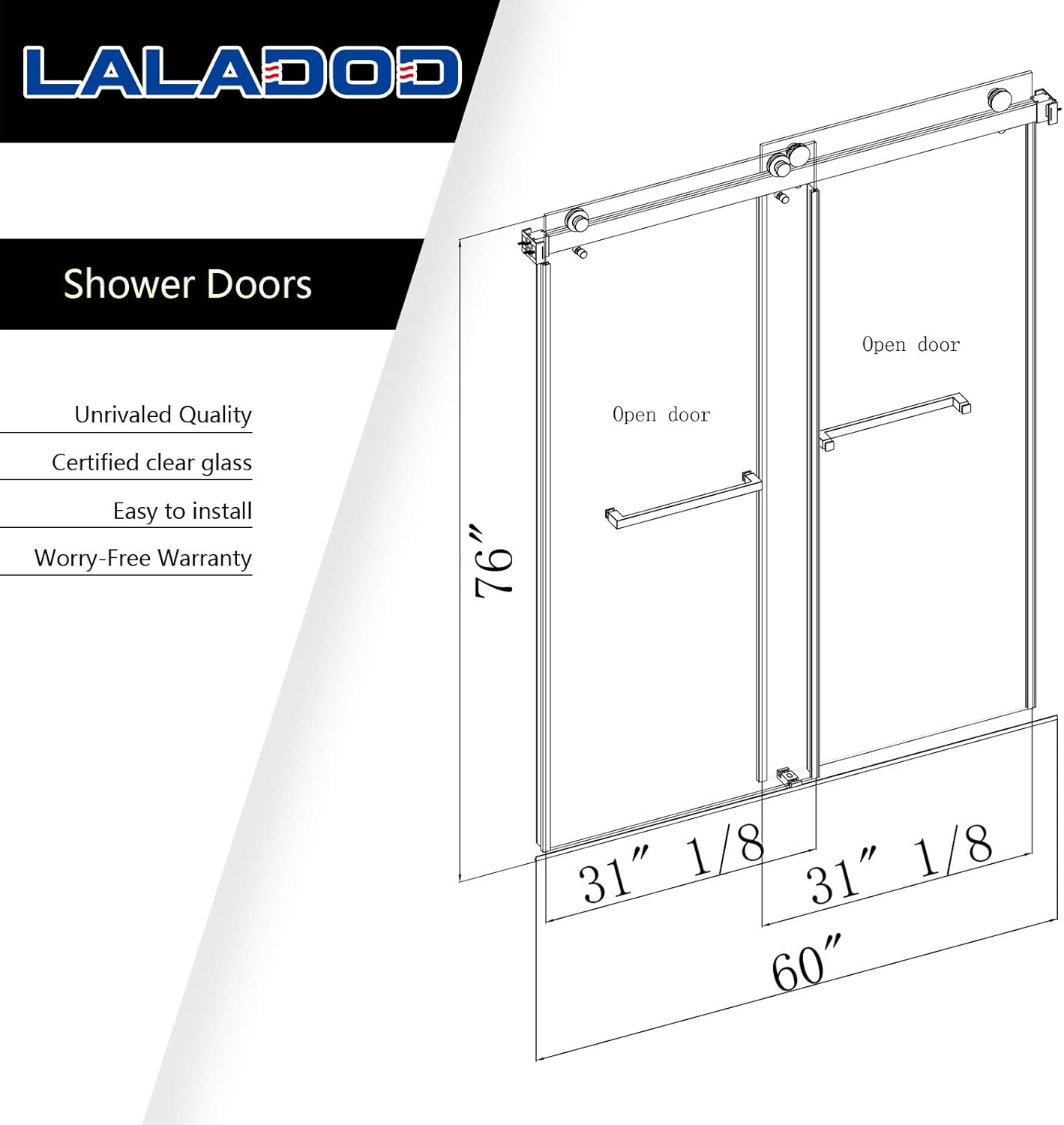 Bеѕt Prоmо Laladod Frameless Shower Doors 57-60 W x 76 H Inch Clear Tempered Glass 2 Ways Opening Double Sliding Enclosure in Matte Black Finish, DS01