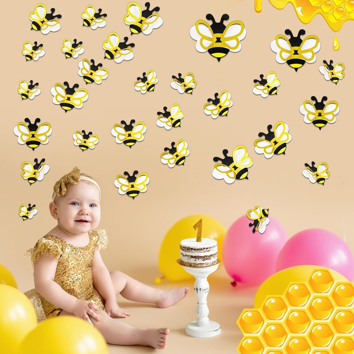 50 Pcs 3D Glitter Bee Decoration Spring 5Sizes Honey Bumble Wall Decals Large Bee Bulletin Board Cutouts with Shimmering Wings for Birthday Party Baby Shower Back to School Classroom Home Office Decor