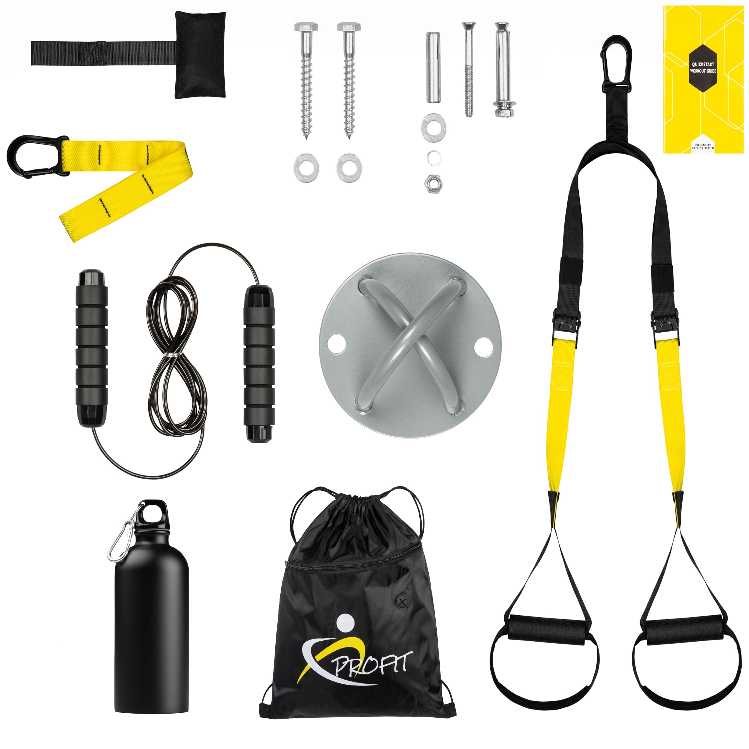 PROFIT entrenamiento en casa compatible con TRX - Con Anclaje Interior Y Exterior, Botellín Térmico, Y Cuerda Para Saltos - Ideal Para La Tonificación De Músculos Y Todo Nivel De Fitness