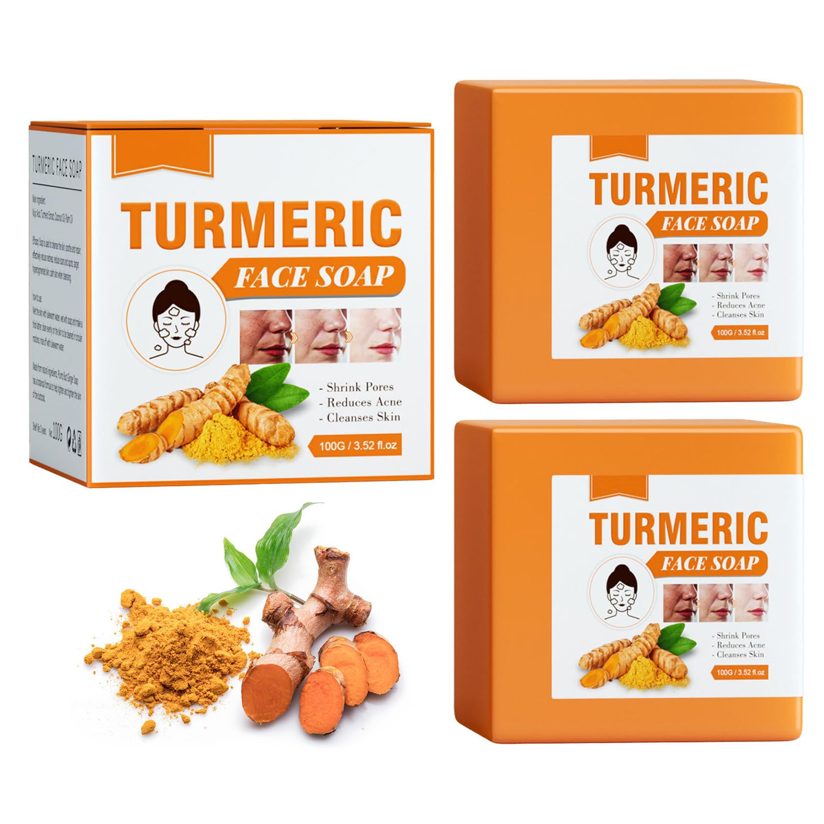 TERRIFI 2Pcs Natural Turmeric Soap Bar for Face & Body, Skin Brightening Soap for Dark Spots, Underarms, Intimate Areas, Reduces Acne, Fades Scars, Smooths and Cleanses Skin