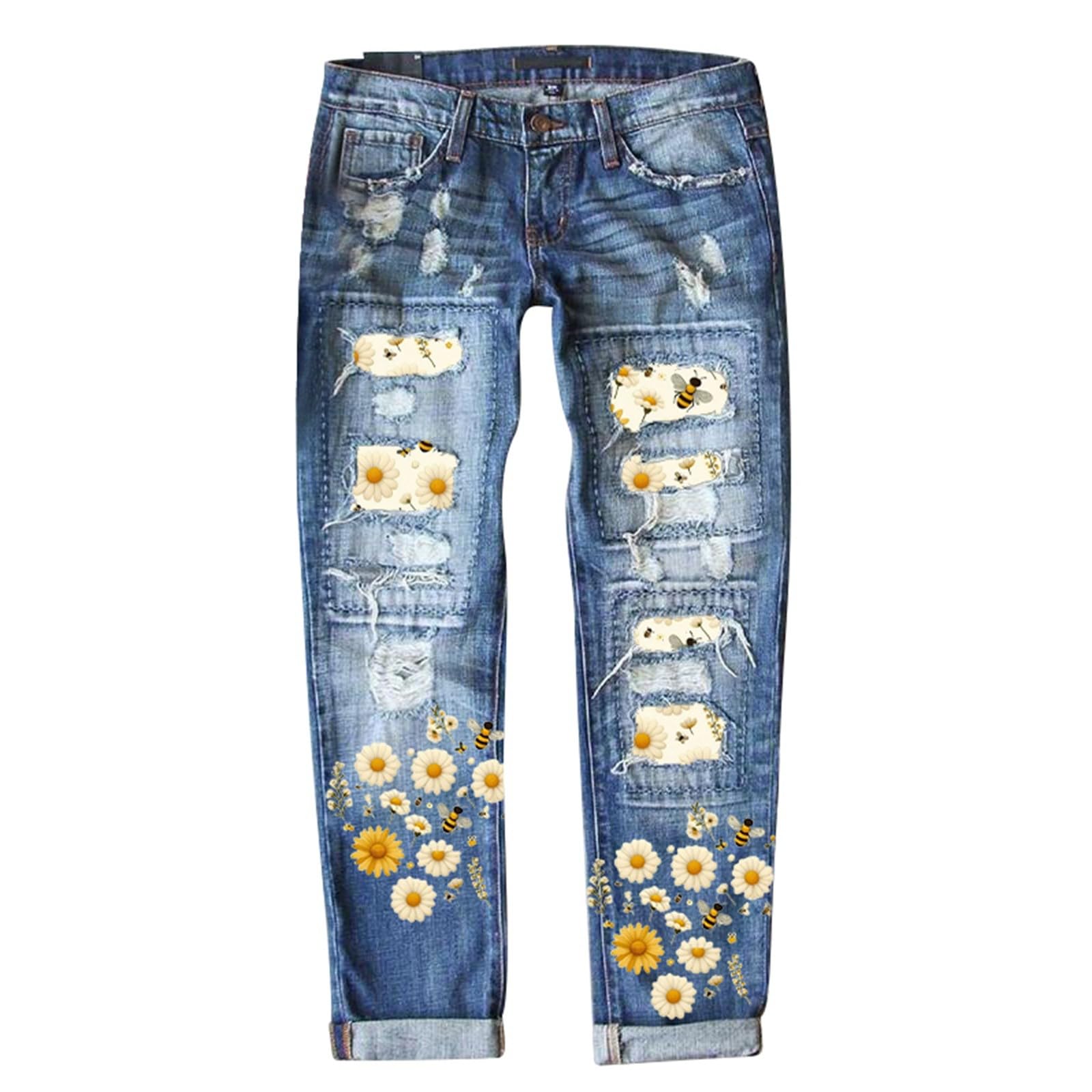 Genérico Pantalones Cortos Vaqueros para Mujer Elásticos Bolsillos Comodos Bootcut Bolsillo Deportes Campana Elefante de con Estampado Floral Moderno y Detalles Roturas en Rodilla Ajustados Elegantes