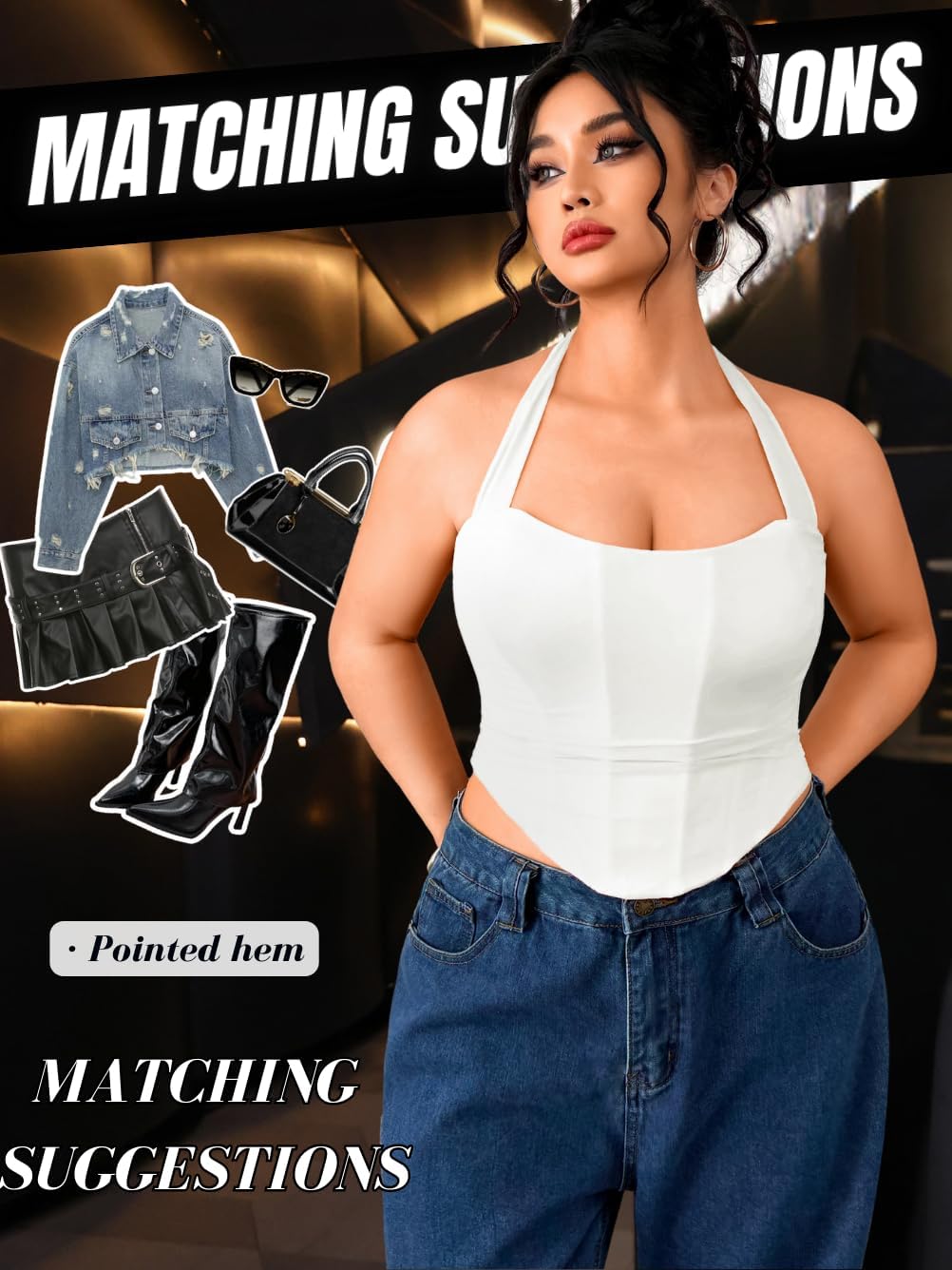 Women's Plus Size Sexy Halter Boned Corset, Square Neck Mesh Lace Up Crop Top, Club Going Out Outfits (14W-22W) - Image 5