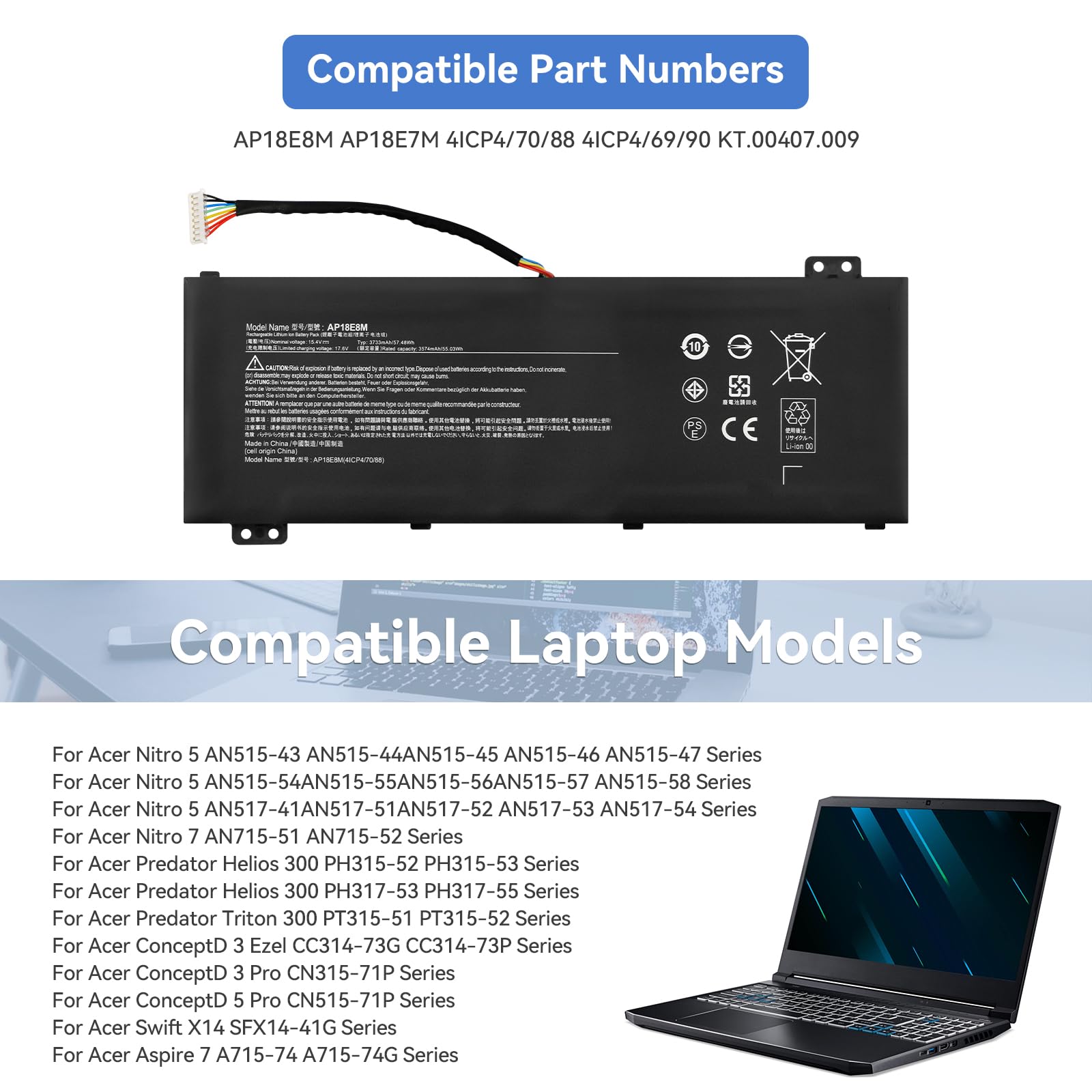 K KYUER AP18E8M AP18E7M Batterie pour Acer Nitro 5 AN515-54 AN515-43 AN517-51 AN517-52 7 AN715-51 Aspire A715-74G Predator Triton 300 PT315-51 PT315-52 Helios 300 PH315-52 PH317-53 ConceptD 3 5 Pro
