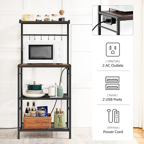 Miniatura 7 de Estante para panaderos con toma de corriente, estante de almacenamiento de cocina con 6 ganchos, soporte para microondas con almacenamiento,