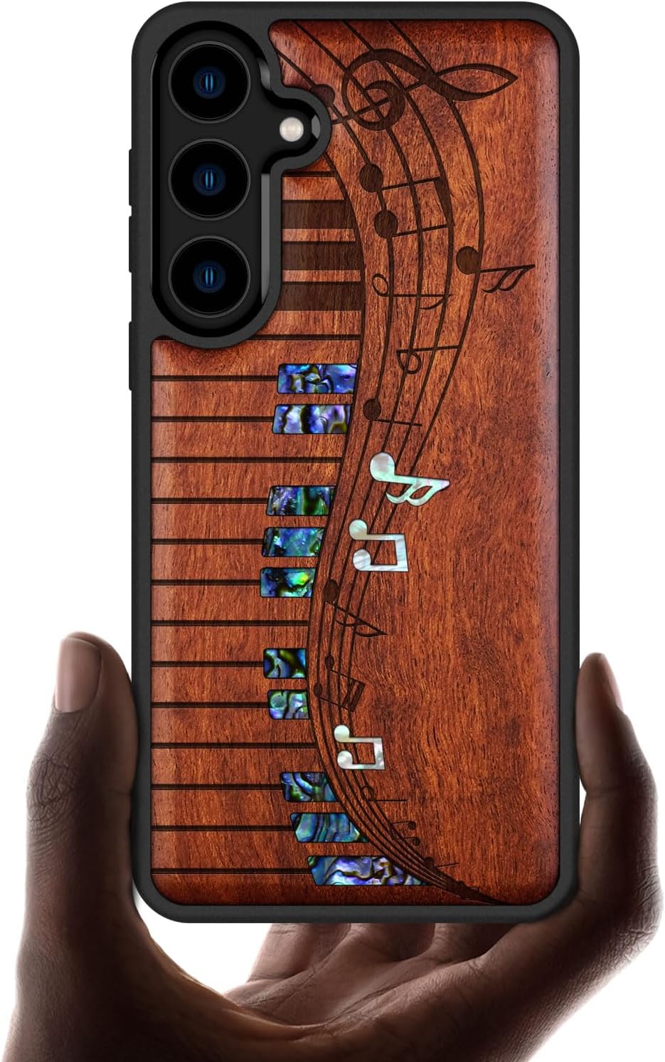 Carveit Designer Wooden Case for Samsung Galaxy S24 Plus Case [Wood Engraving & Shell Inlay] Compatible with Wireless Chargers S24 Plus Cover (Melodic Waves-Rosy)