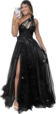 Sparkly Tulle Prom Dress One Shoulder Flower Lace Applique Black A Line 2025 Long Formal Evening Gown for Women US8